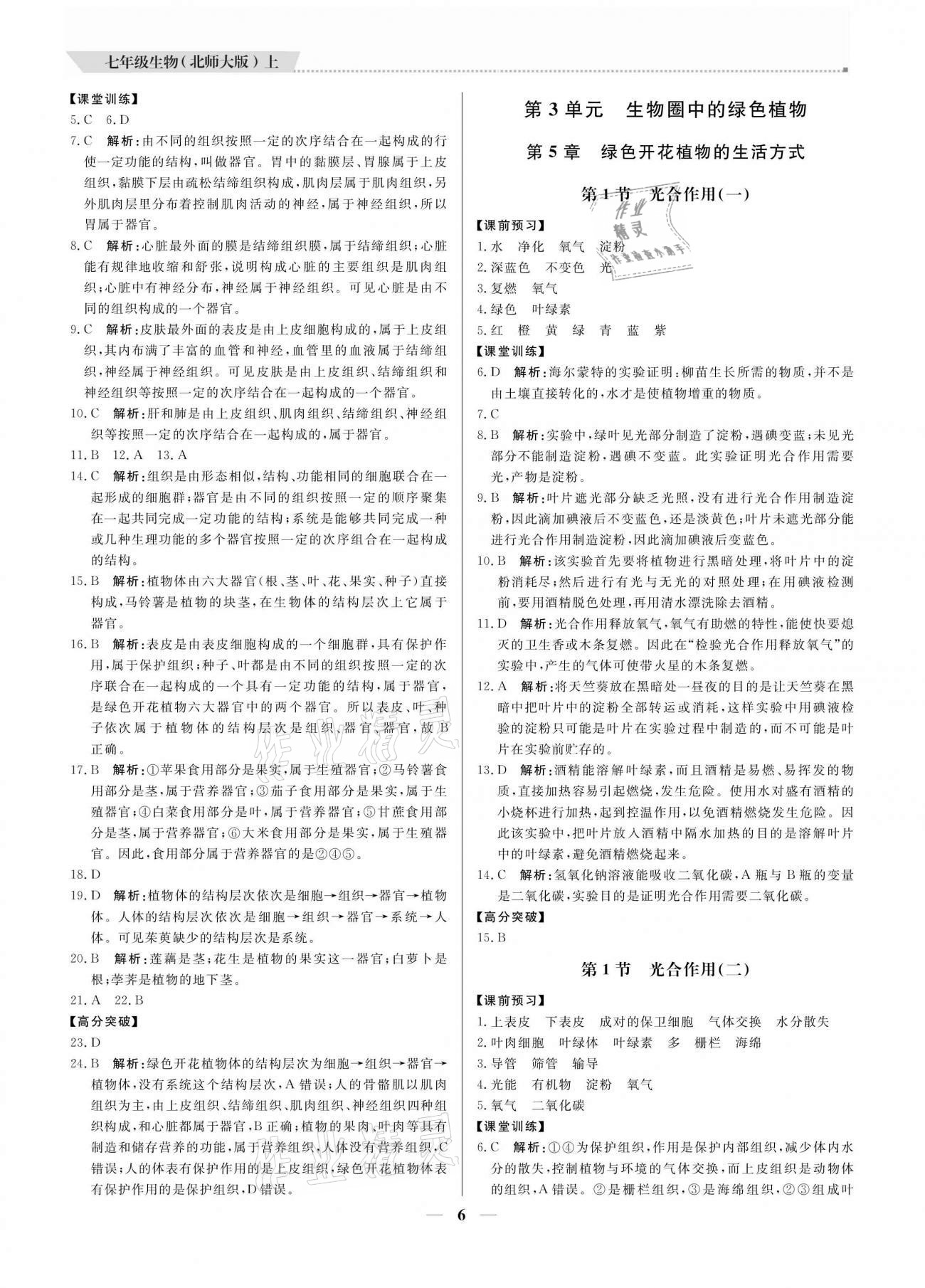 2020年培優(yōu)A計劃七年級生物上冊北師大版 參考答案第6頁