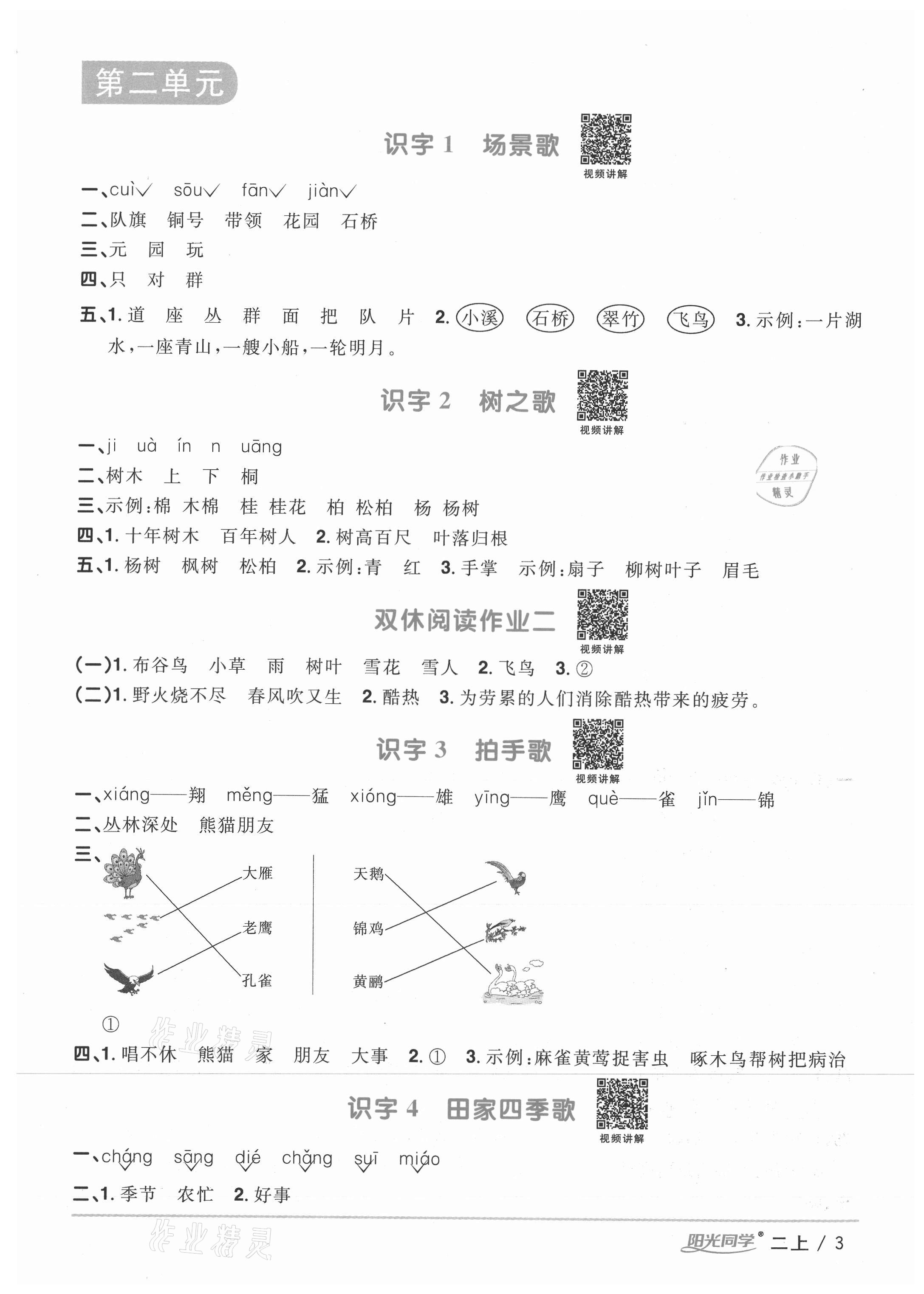 2020年阳光同学课时优化作业二年级语文上册人教版徐州专版 参考答案第3页