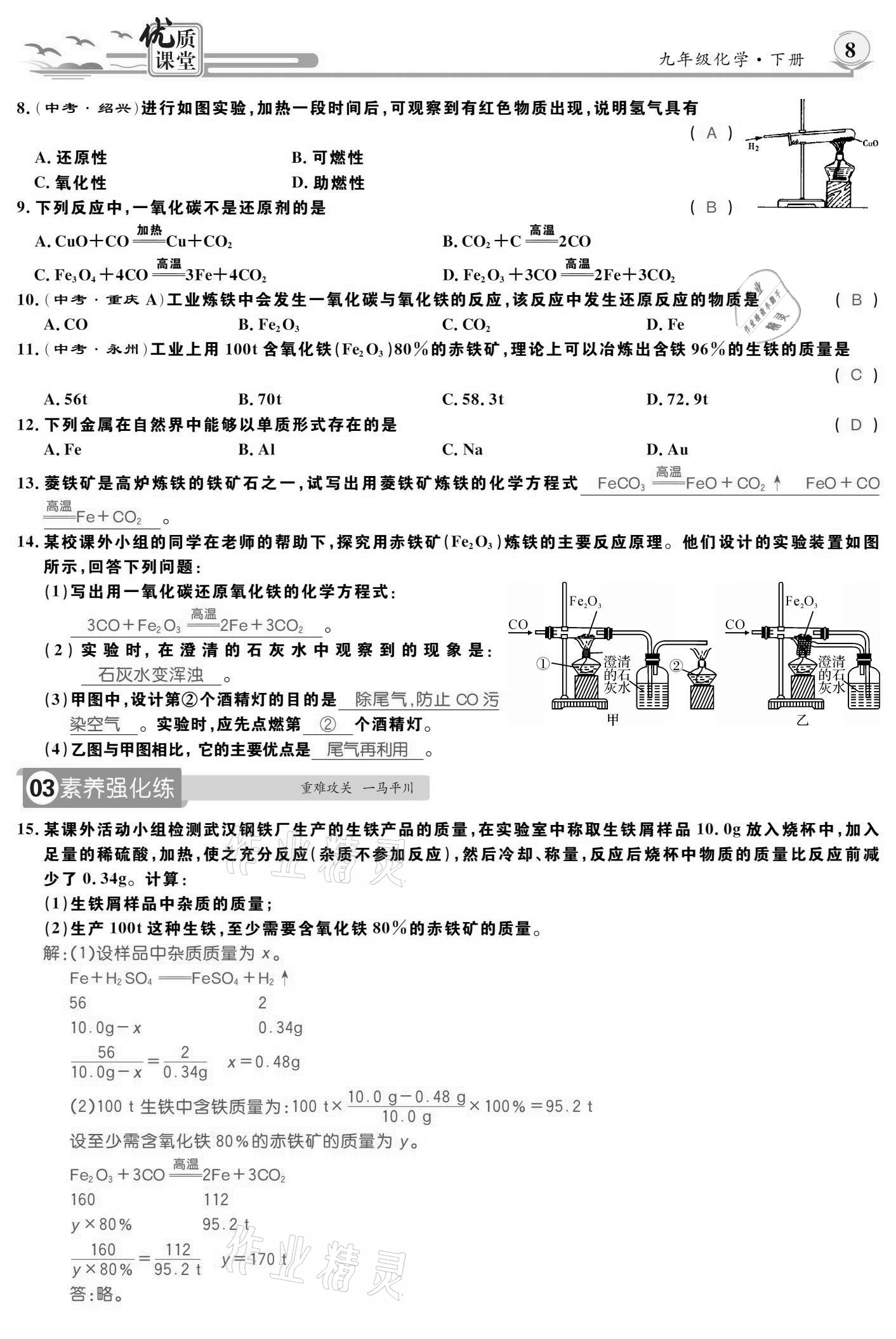 2021年優(yōu)質(zhì)課堂導(dǎo)學(xué)案九年級化學(xué)下冊人教版 參考答案第8頁