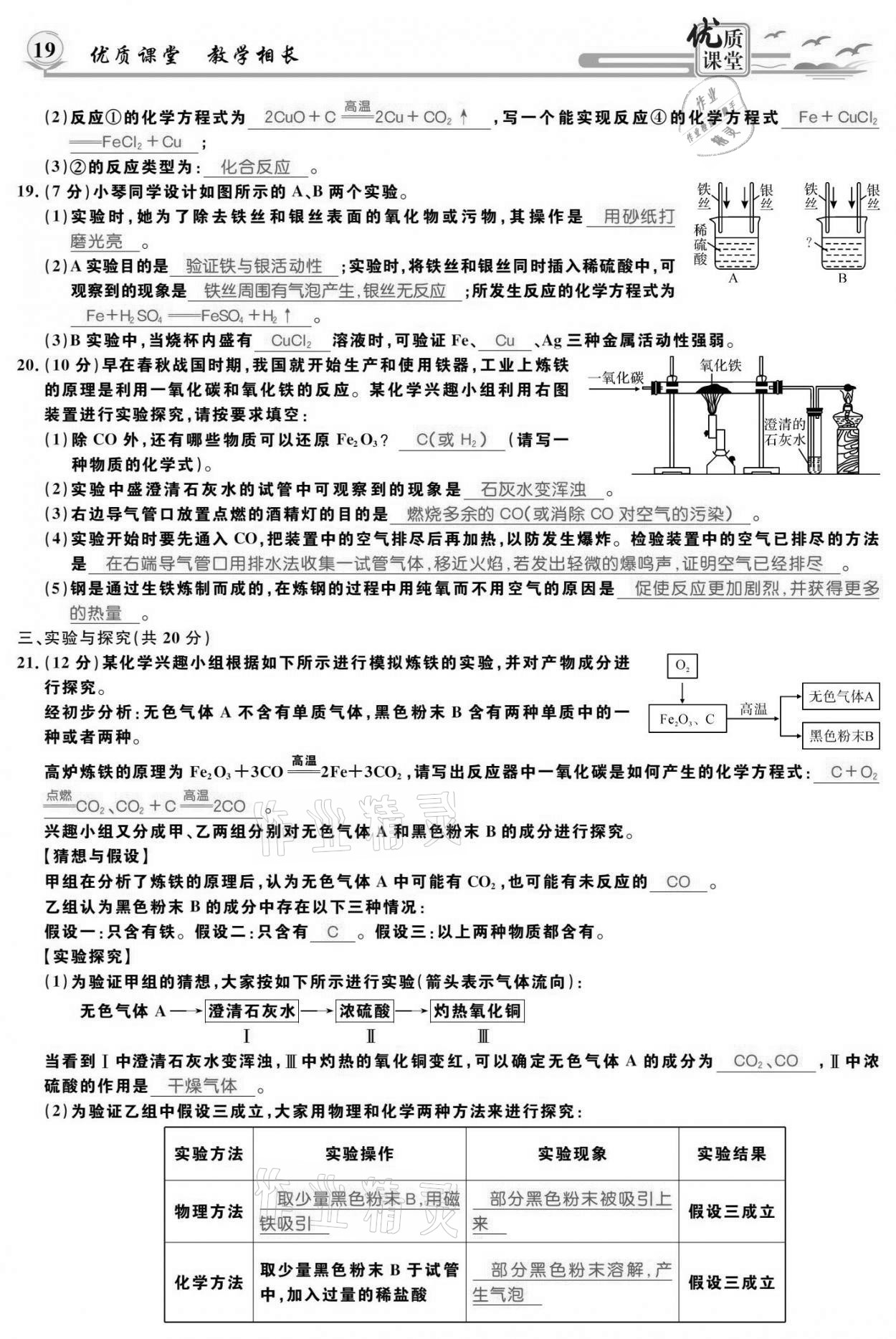 2021年優(yōu)質(zhì)課堂導(dǎo)學(xué)案九年級(jí)化學(xué)下冊(cè)人教版 參考答案第19頁(yè)