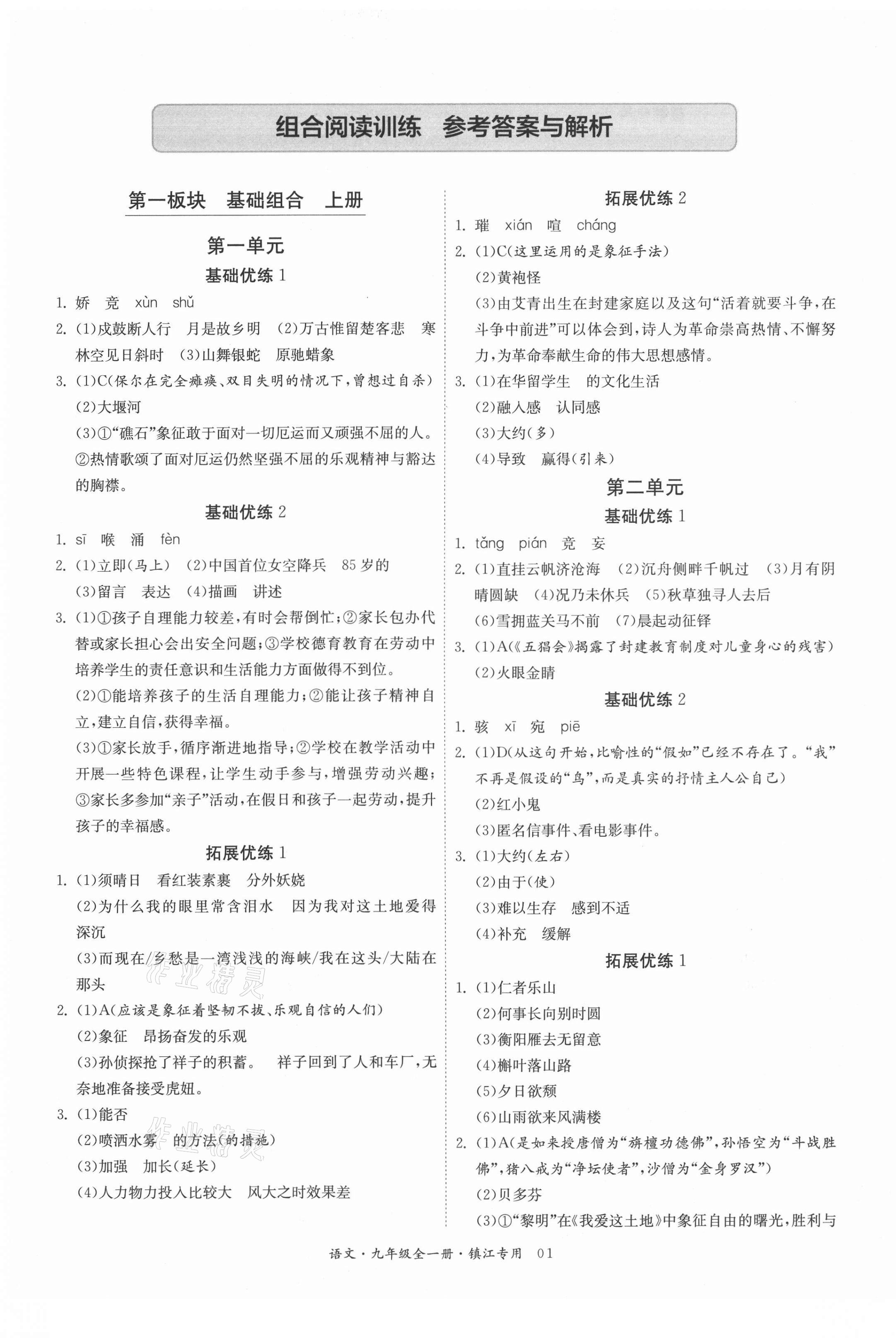 2020年實驗班組合訓練九年級語文全一冊鎮江專版 第1頁