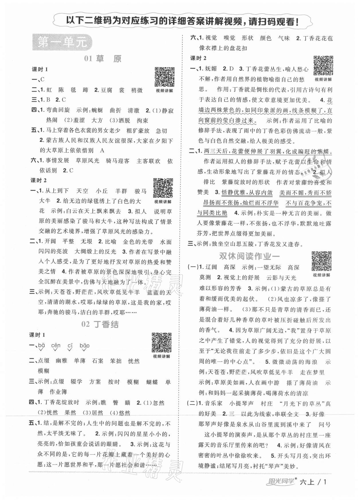 2020年阳光同学课时优化作业六年级语文上册人教版徐州专版 参考答案第1页