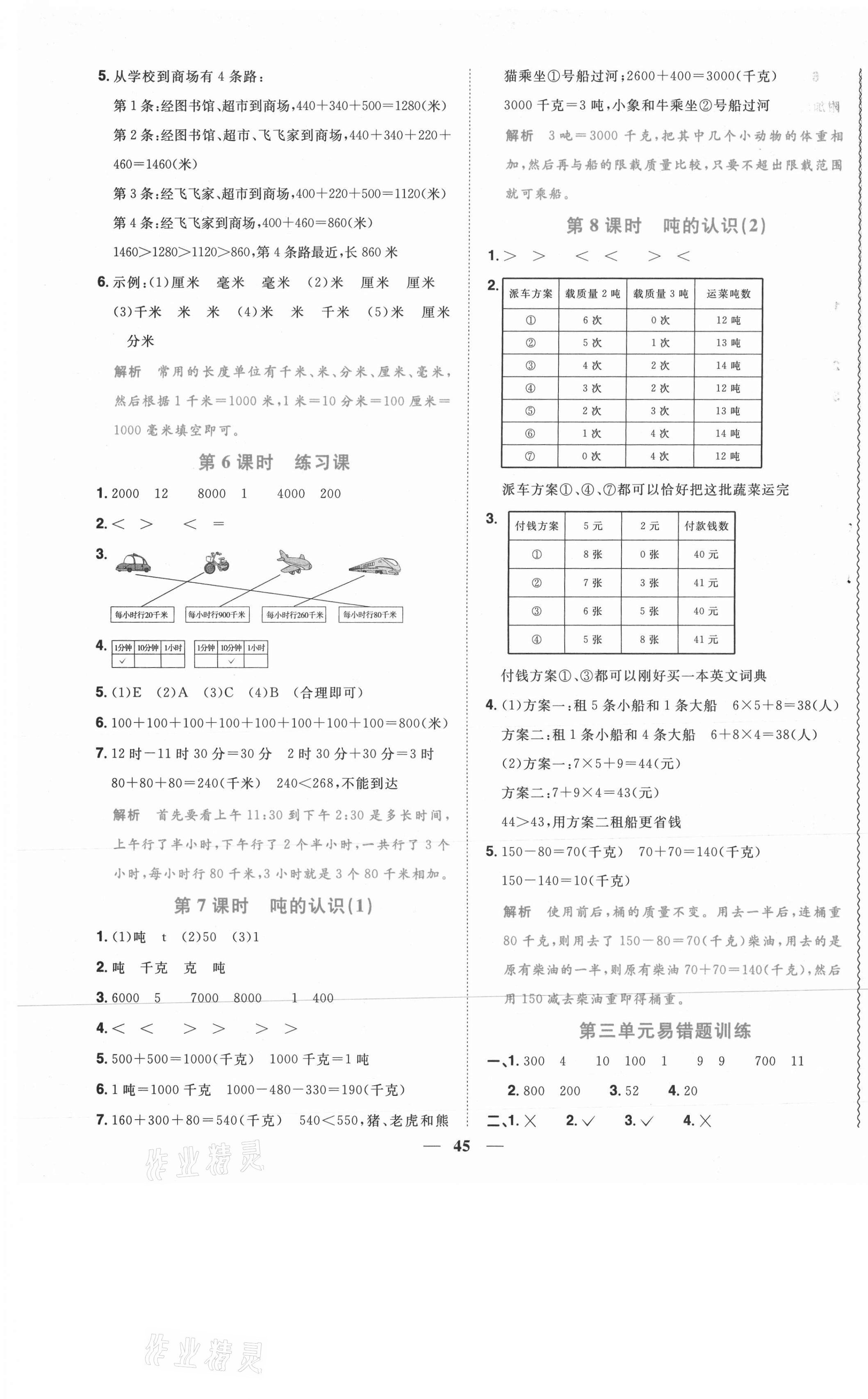 2020年阳光同学课时优化作业三年级数学上册人教版菏泽专版 参考答案第5页