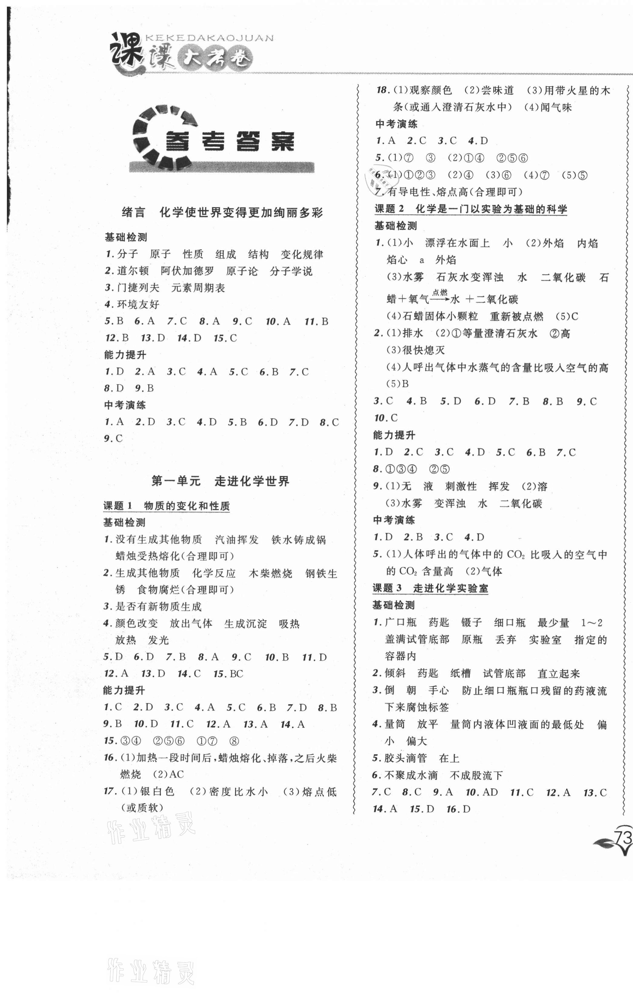 2020年北大绿卡课课大考卷九年级化学上册人教版 参考答案第1页