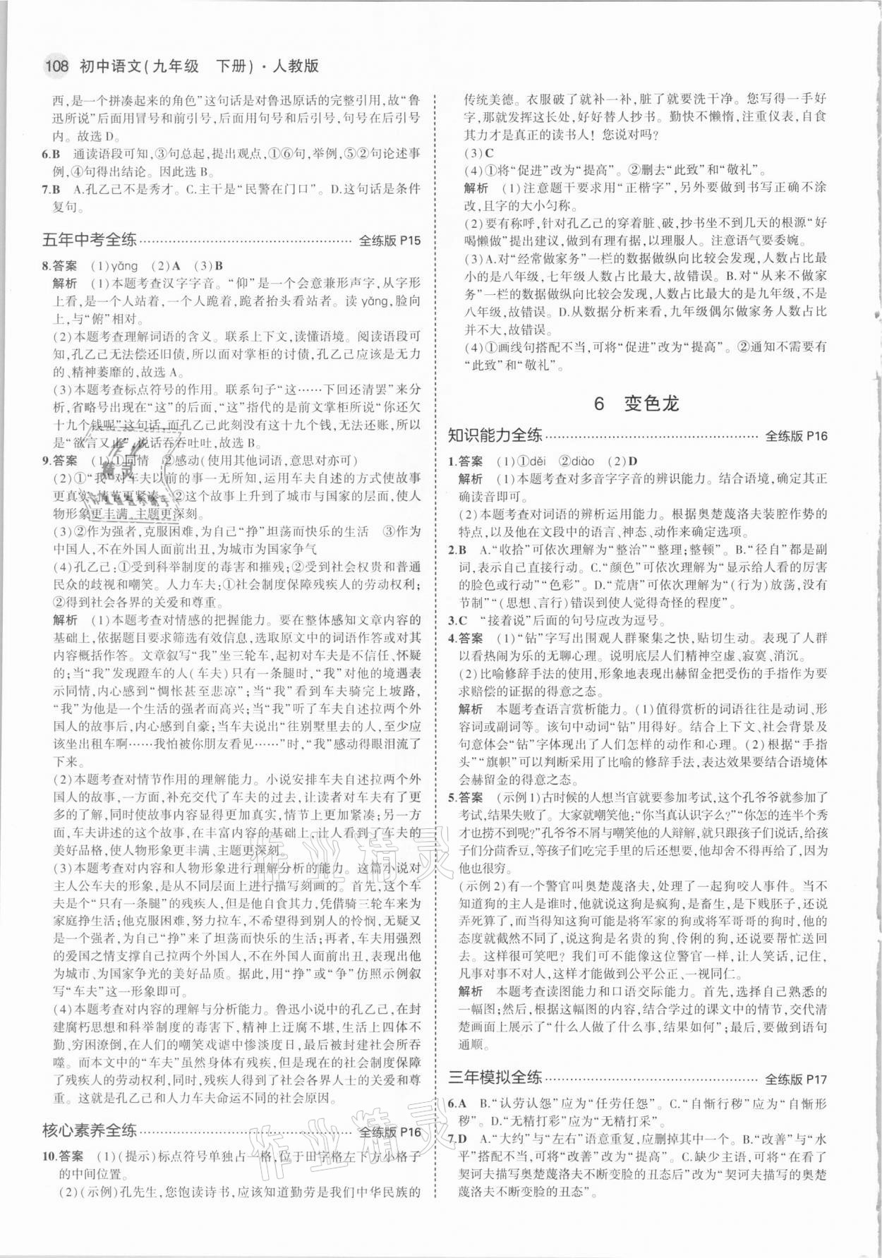 2021年5年中考3年模拟初中语文九年级下册人教版 参考答案第6页