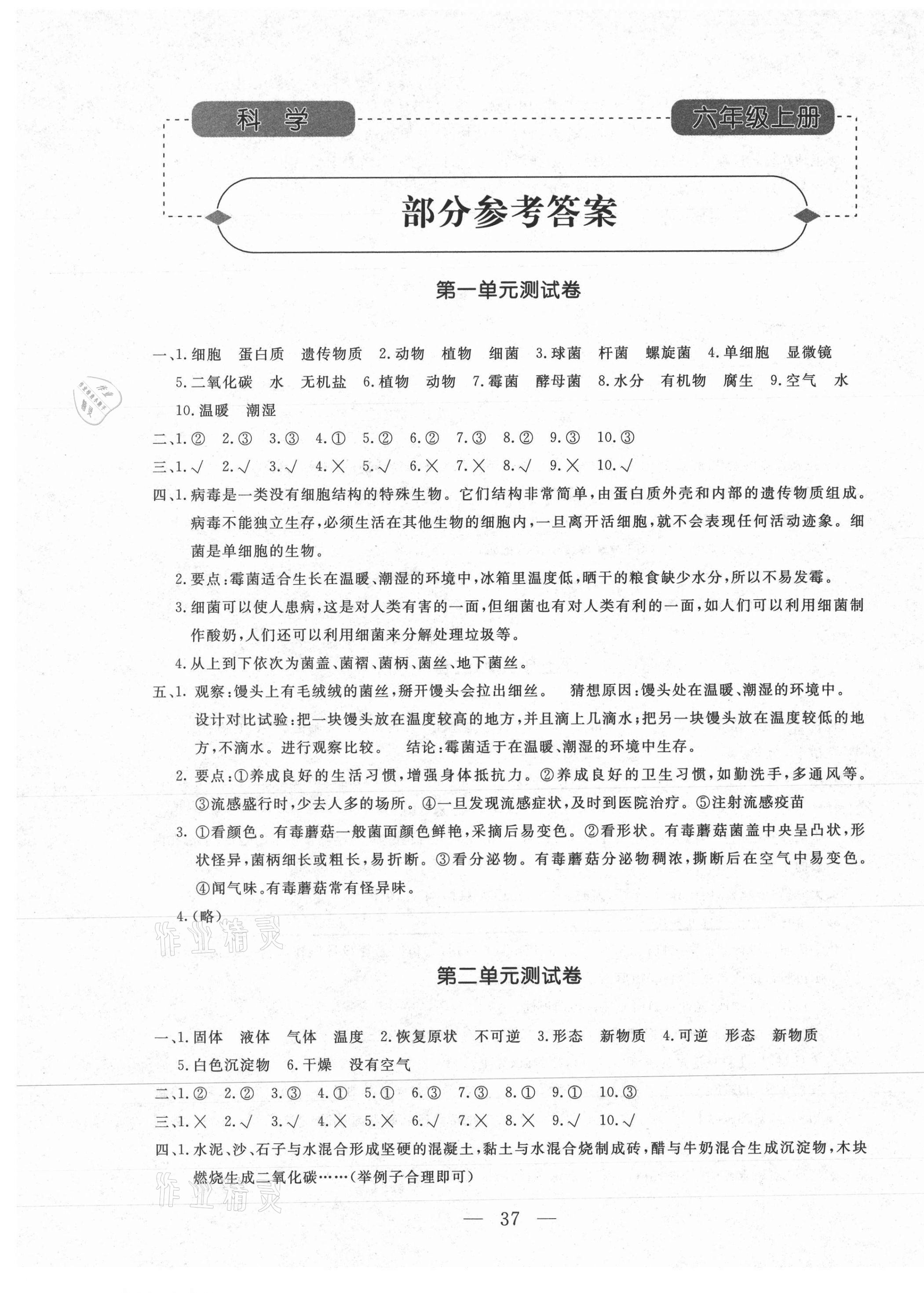 2020年小学知识与能力测试卷六年级科学上册青岛版升级版 参考答案第1页