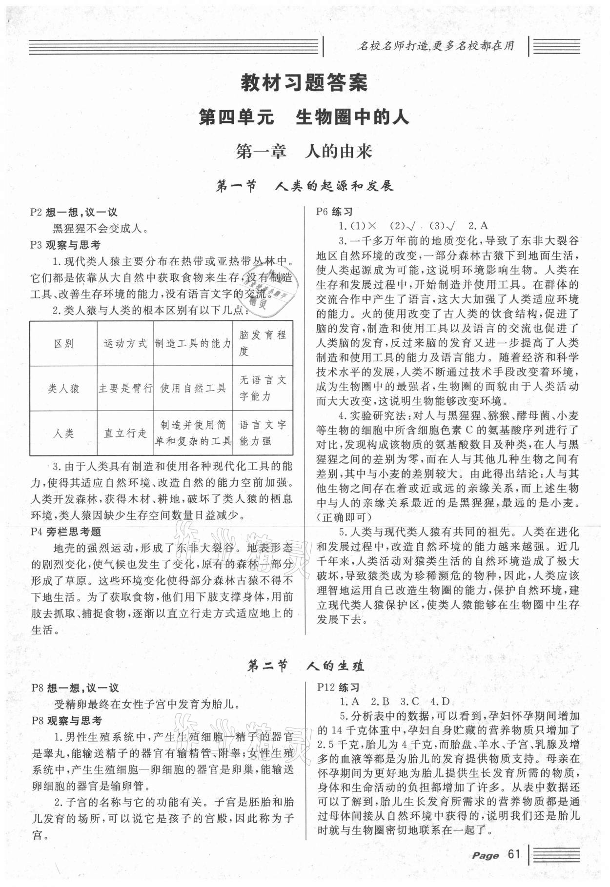 2021年教材課本七年級生物下冊人教版 參考答案第1頁