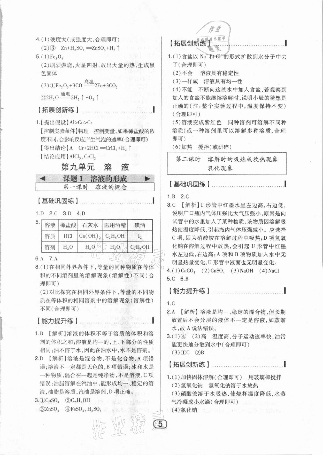 2021年北大绿卡九年级化学下册人教版 参考答案第5页