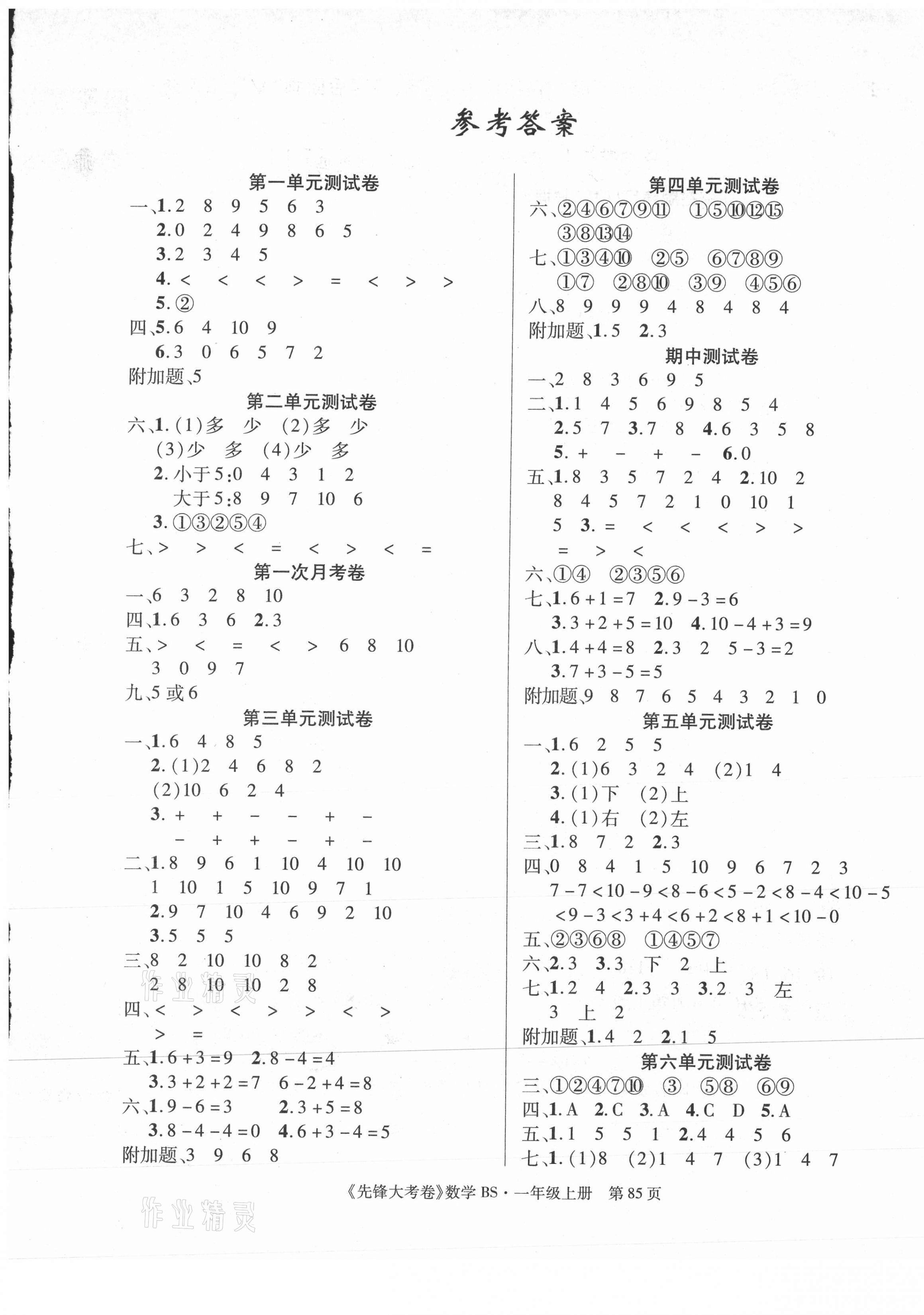 2020年2020年單元加期末復(fù)習(xí)先鋒大考卷一年級(jí)數(shù)學(xué)上冊(cè)北師大版 參考答案第1頁(yè)