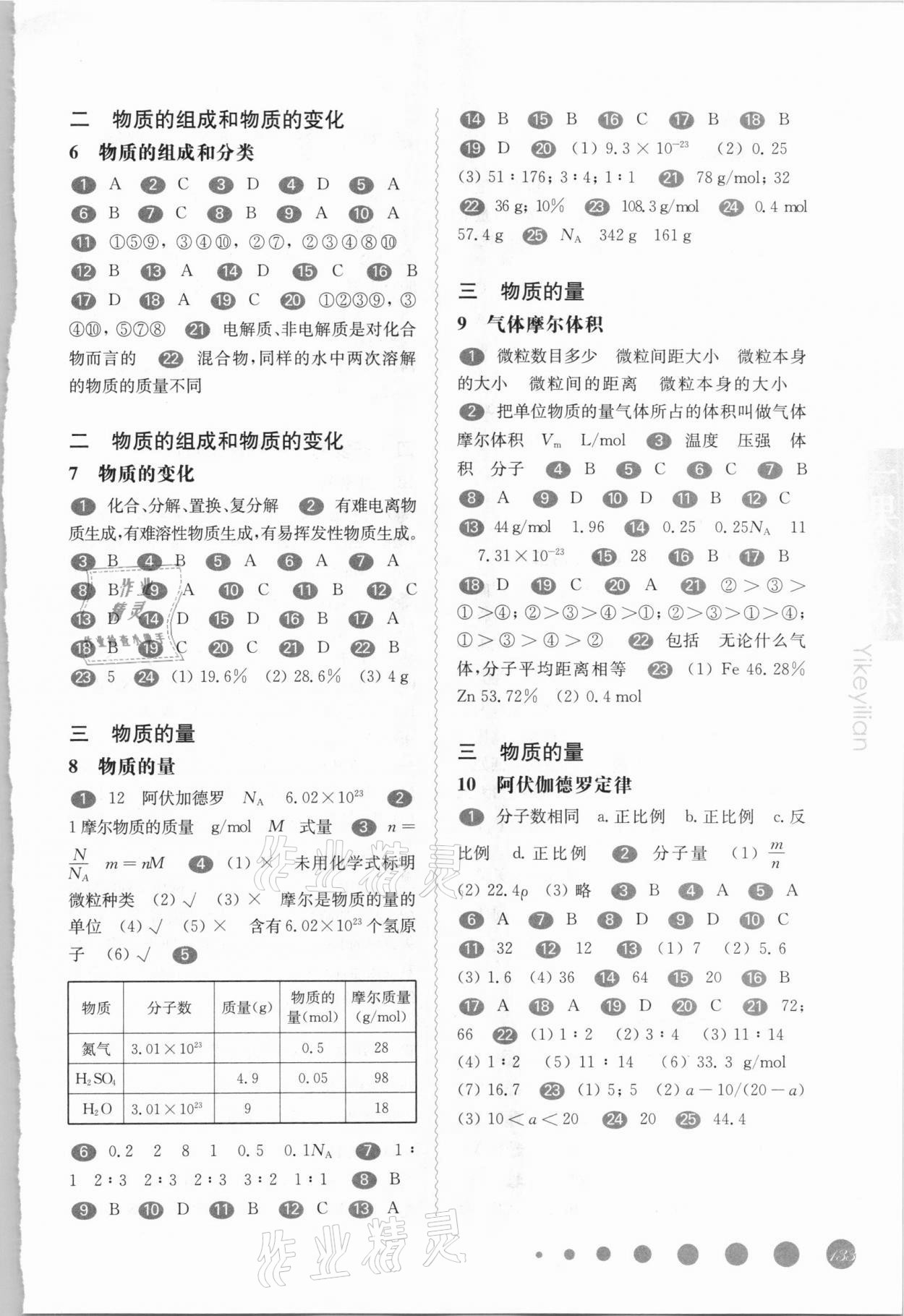 2020年華東師大版一課一練高一化學第一學期滬教版 參考答案第3頁