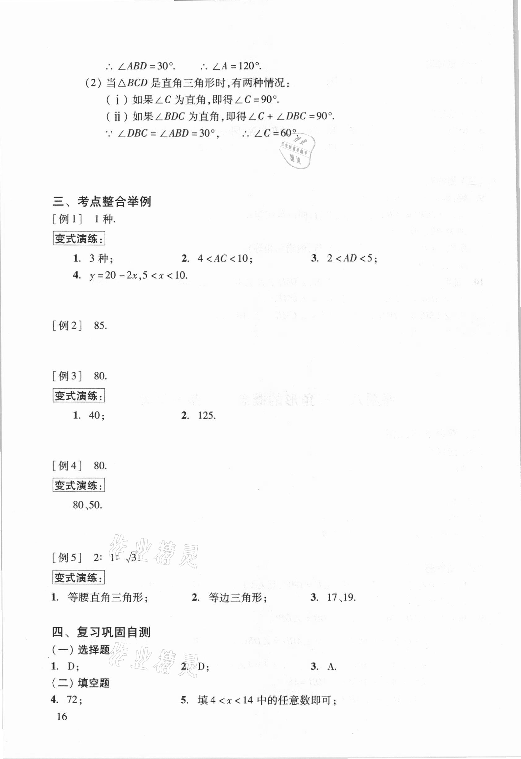 2021年初中数学复习点要初三总复习&nbsp;参考答案第16页
