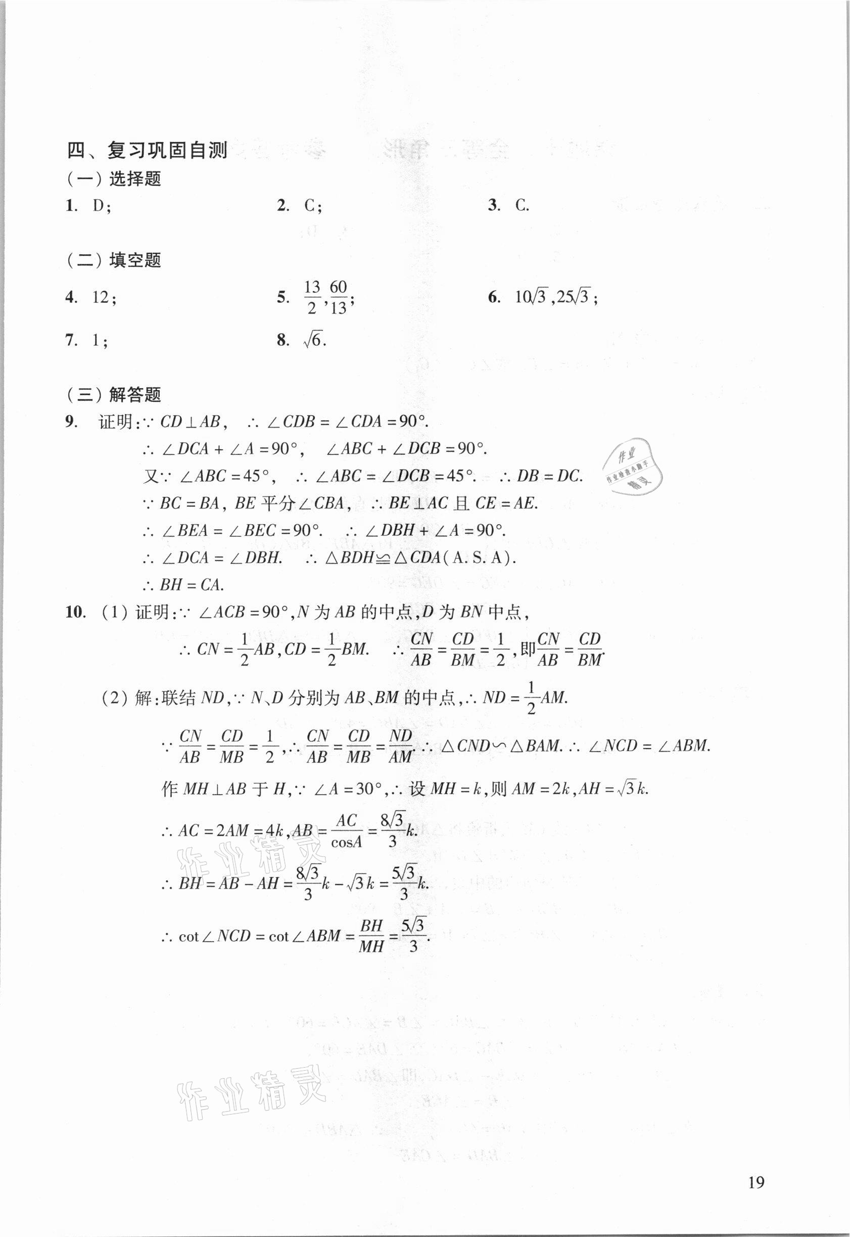 2021年初中数学复习点要初三总复习&nbsp;参考答案第19页
