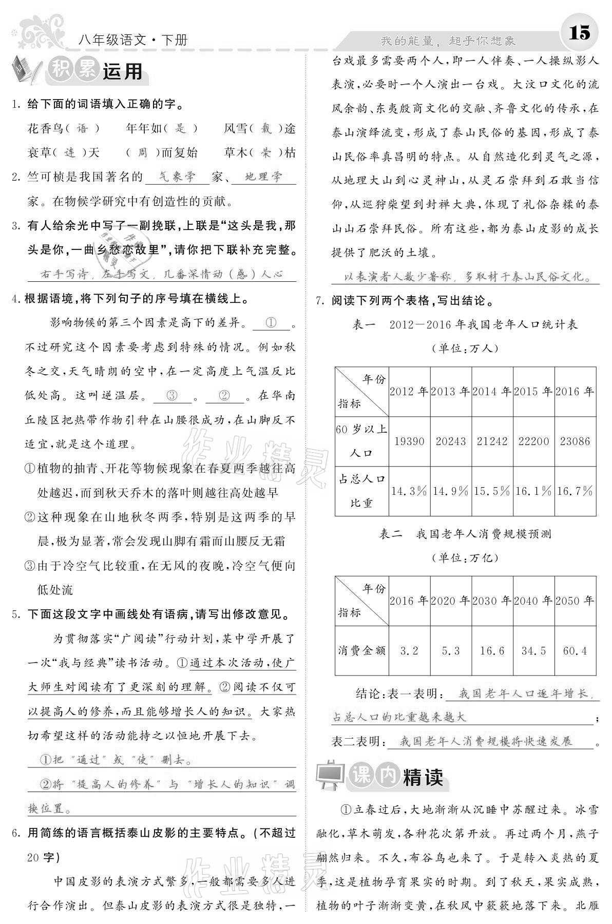 2021年課堂點(diǎn)睛八年級(jí)語(yǔ)文下冊(cè)人教版寧夏專(zhuān)版 參考答案第15頁(yè)