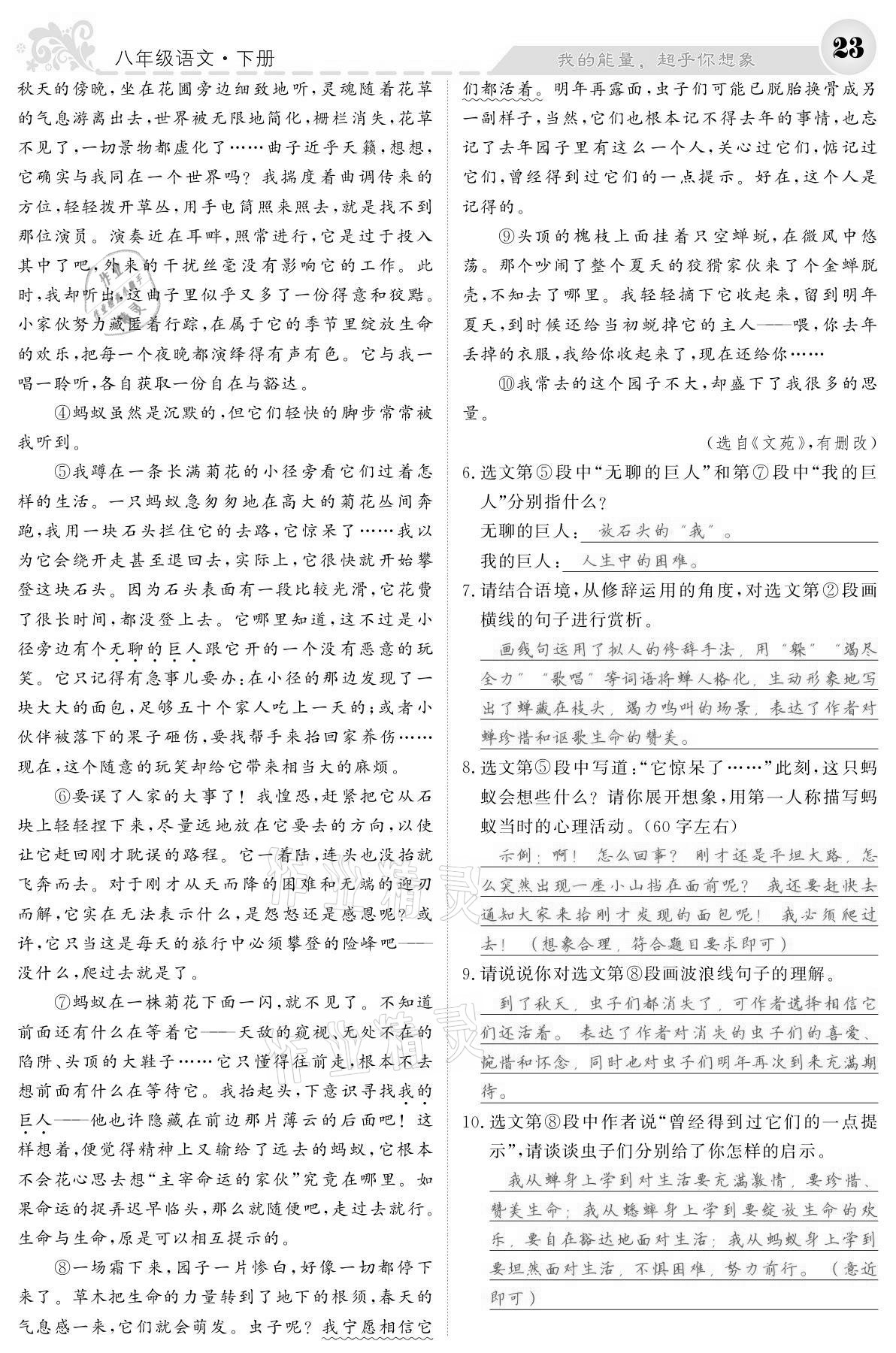 2021年課堂點(diǎn)睛八年級(jí)語(yǔ)文下冊(cè)人教版寧夏專版 參考答案第23頁(yè)