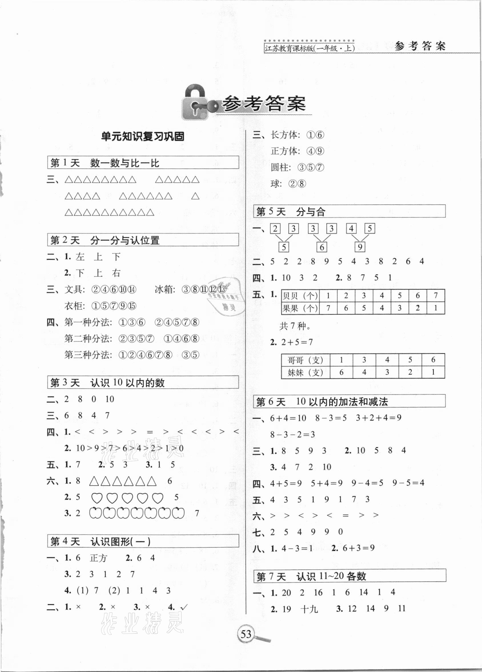 2020年15天巧夺100分一年级数学上册苏教课标版 第1页