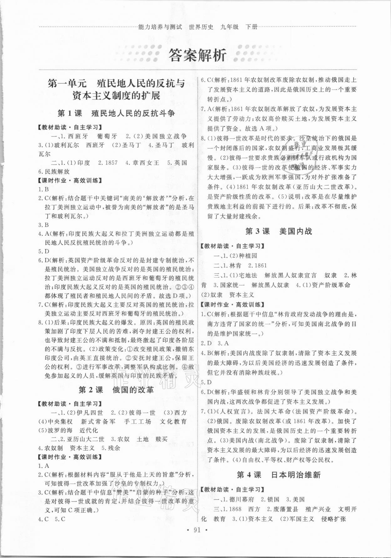 2020年能力培養(yǎng)與測試九年級世界歷史下冊人教版 第1頁