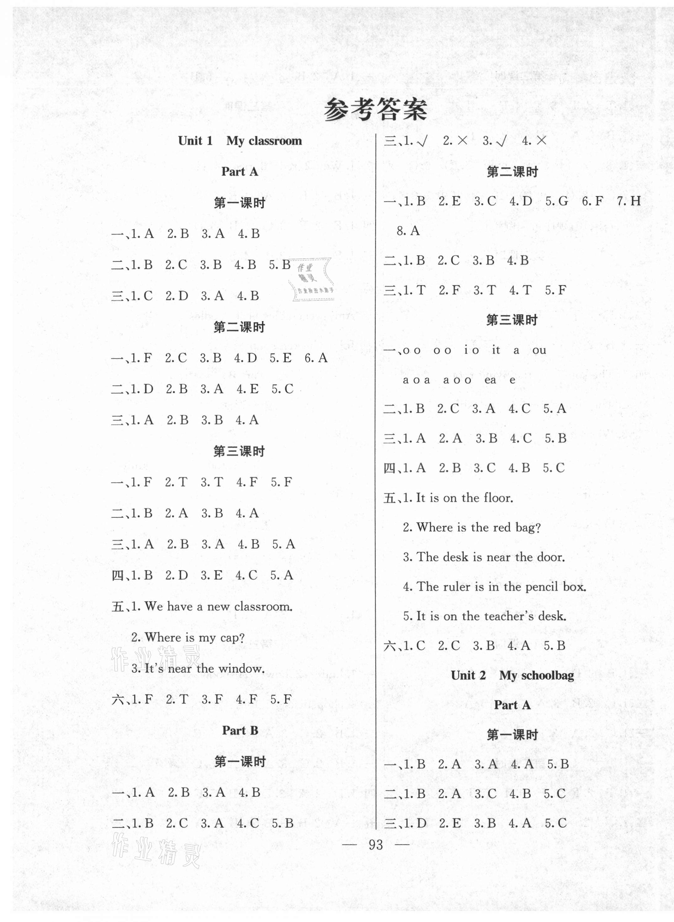 2020年同步課堂隨堂練習(xí)冊(cè)四年級(jí)英語上冊(cè)人教PEP版 參考答案第1頁