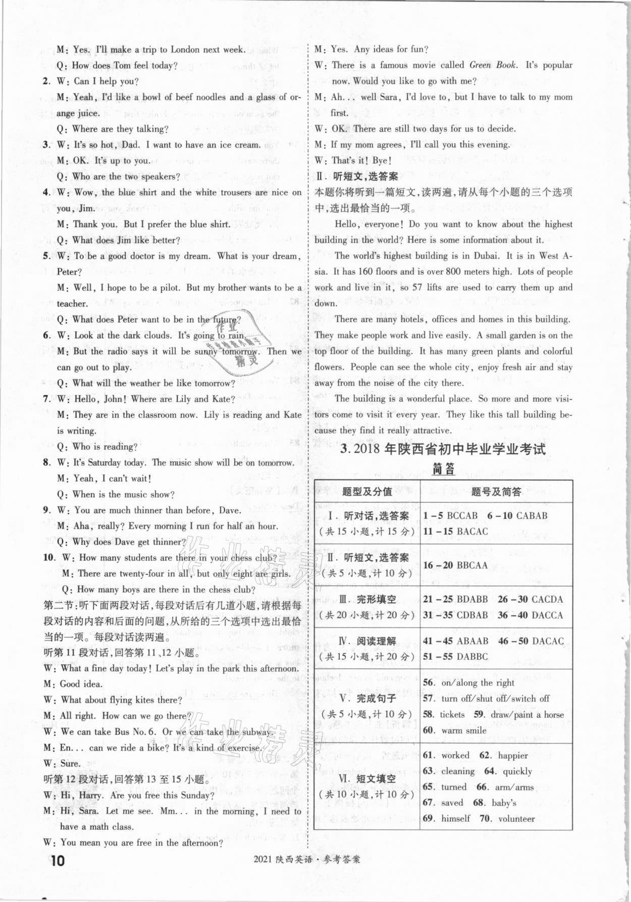 2021年一戰(zhàn)成名中考真題與拓展訓(xùn)練英語(yǔ)陜西專版 參考答案第9頁(yè)