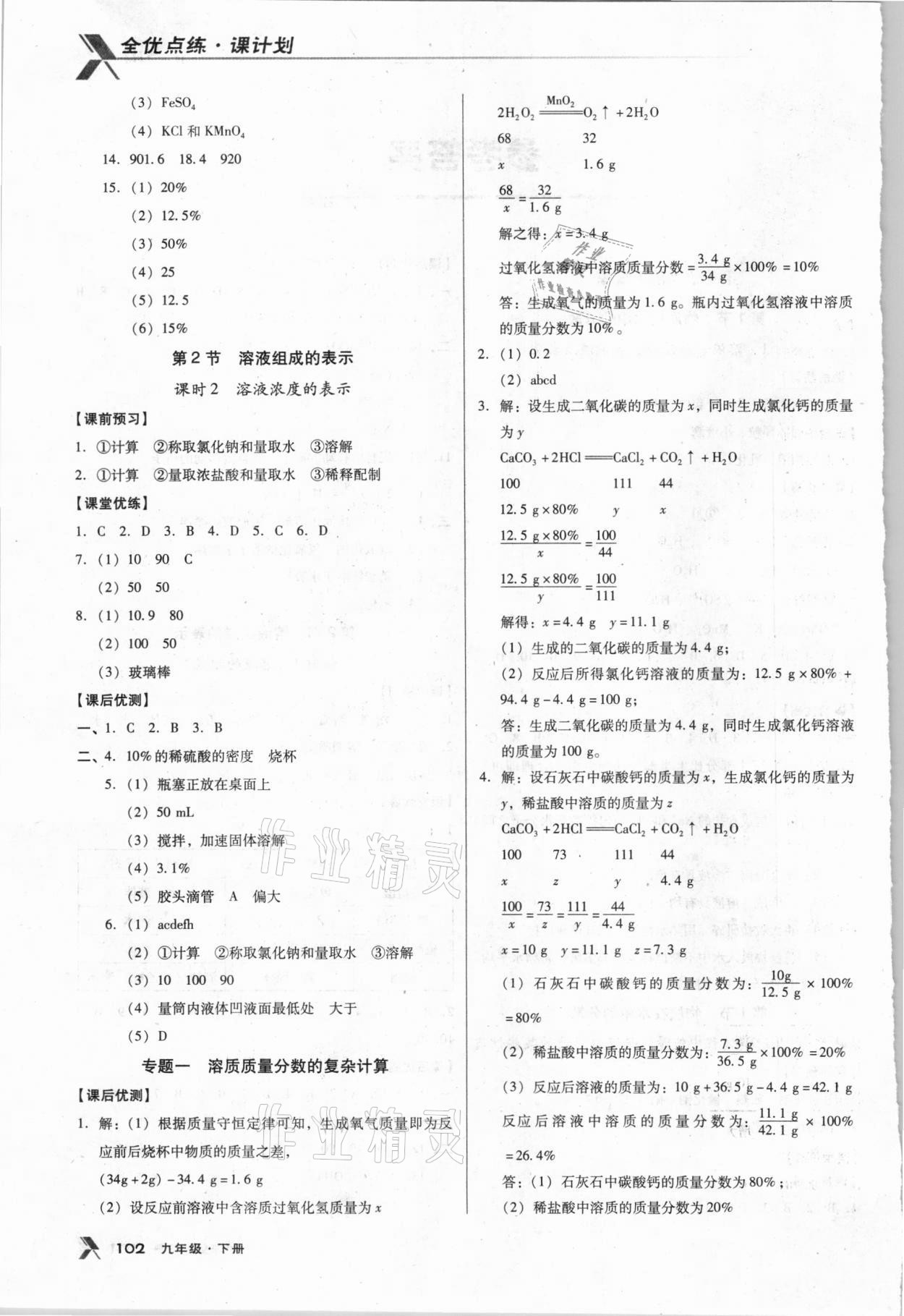 2021年全優(yōu)點(diǎn)練課計(jì)劃九年級(jí)化學(xué)下冊(cè)滬教版 參考答案第2頁