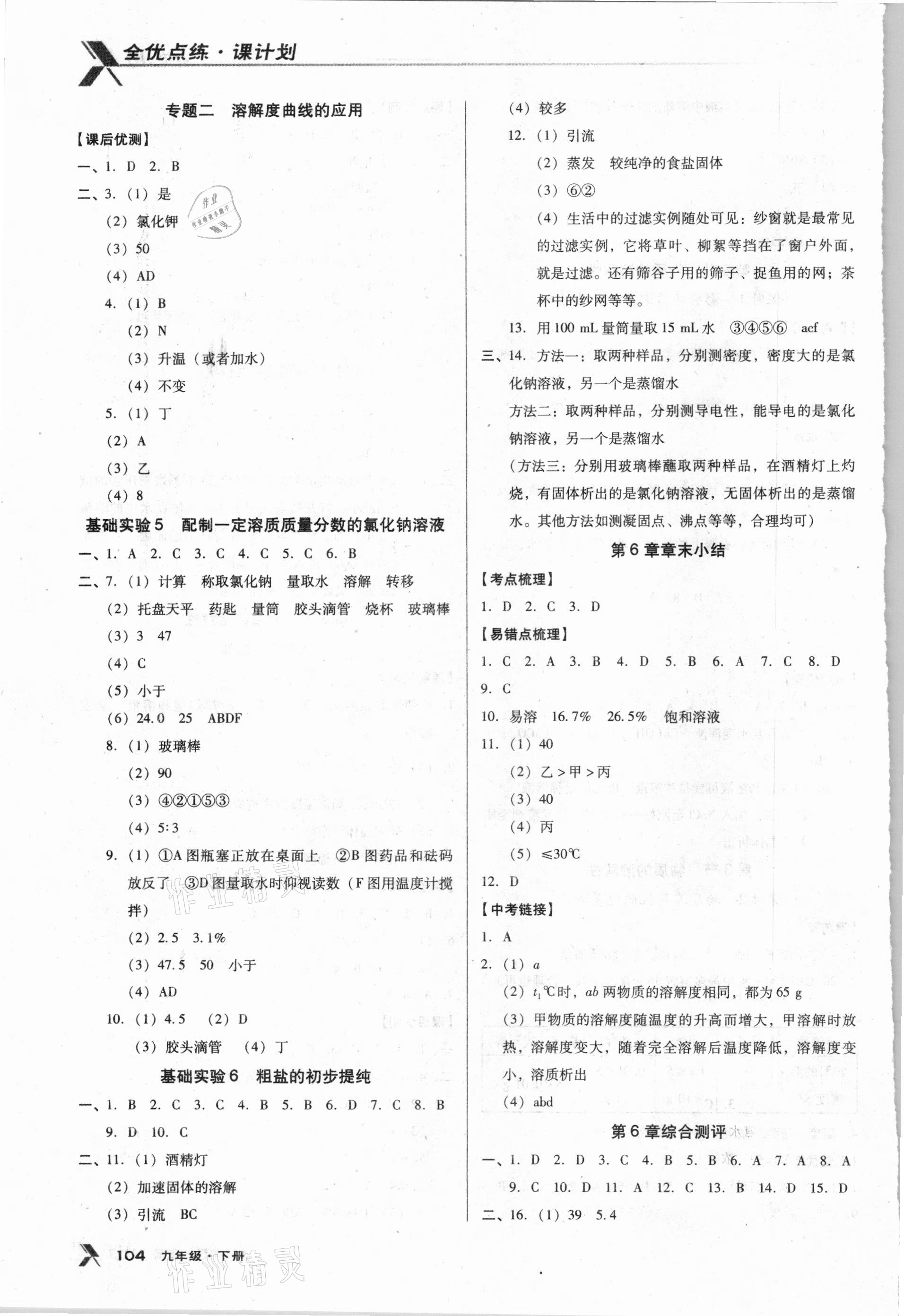 2021年全優(yōu)點(diǎn)練課計(jì)劃九年級化學(xué)下冊滬教版 參考答案第4頁