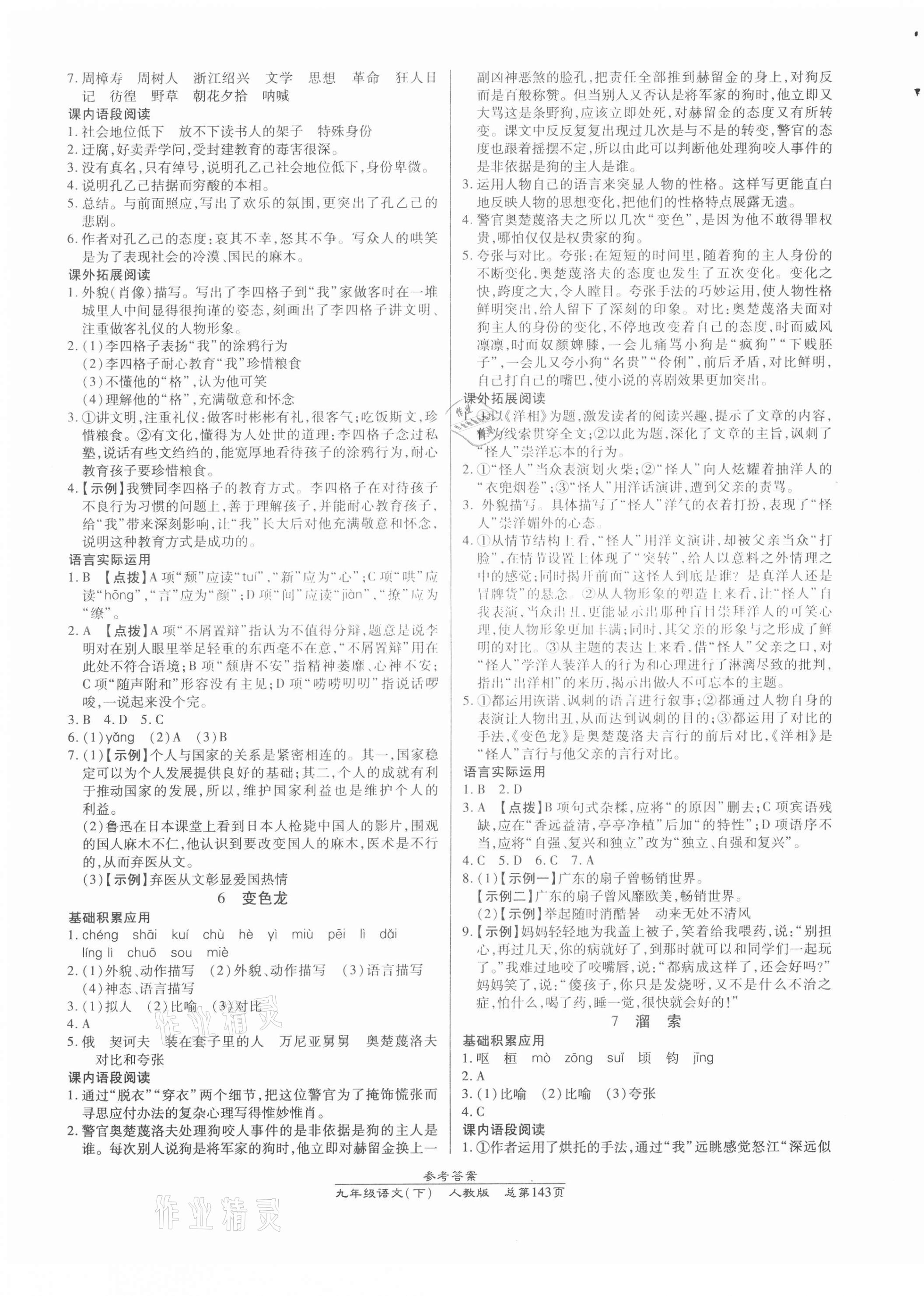 2021年匯文圖書卓越課堂九年級語文下冊人教版 參考答案第3頁