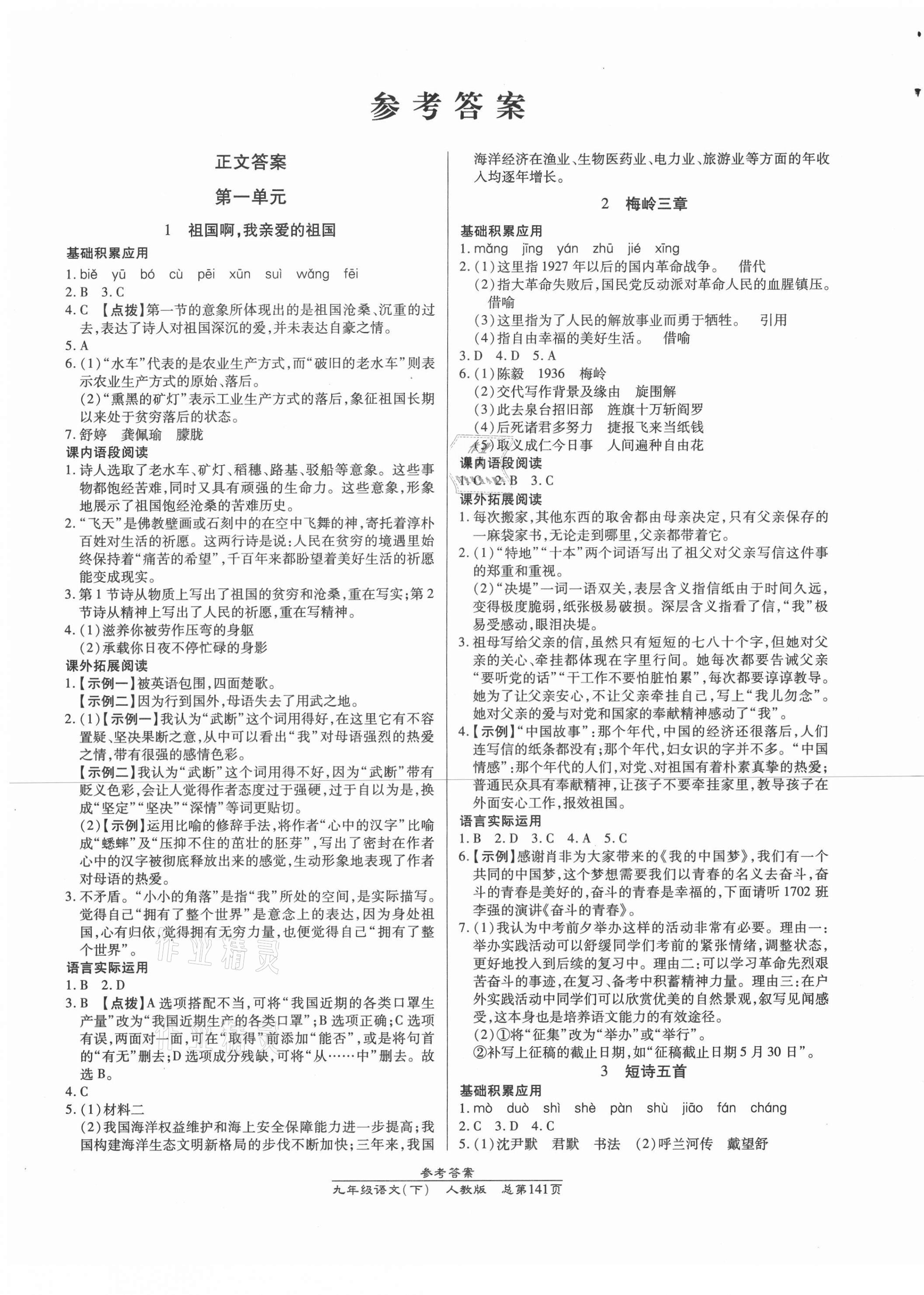 2021年汇文图书卓越课堂九年级语文下册人教版 参考答案第1页