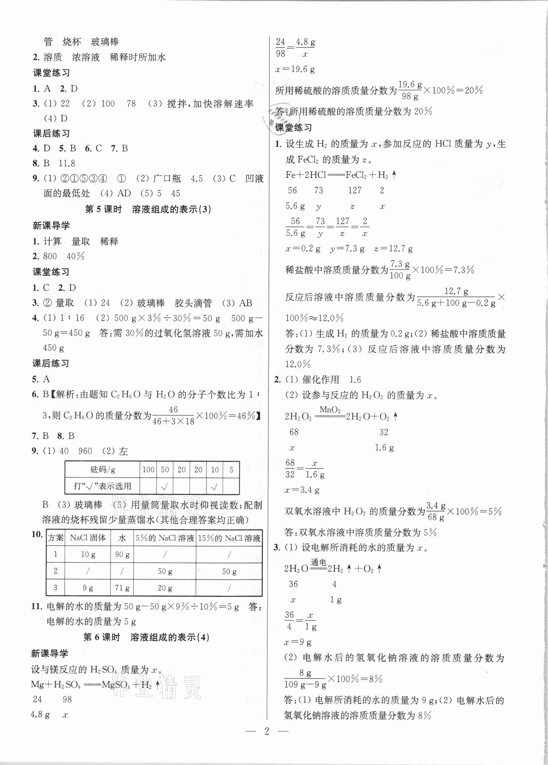 2021年金鑰匙課時(shí)學(xué)案作業(yè)本九年級(jí)化學(xué)下冊(cè)滬教版 參考答案第2頁(yè)