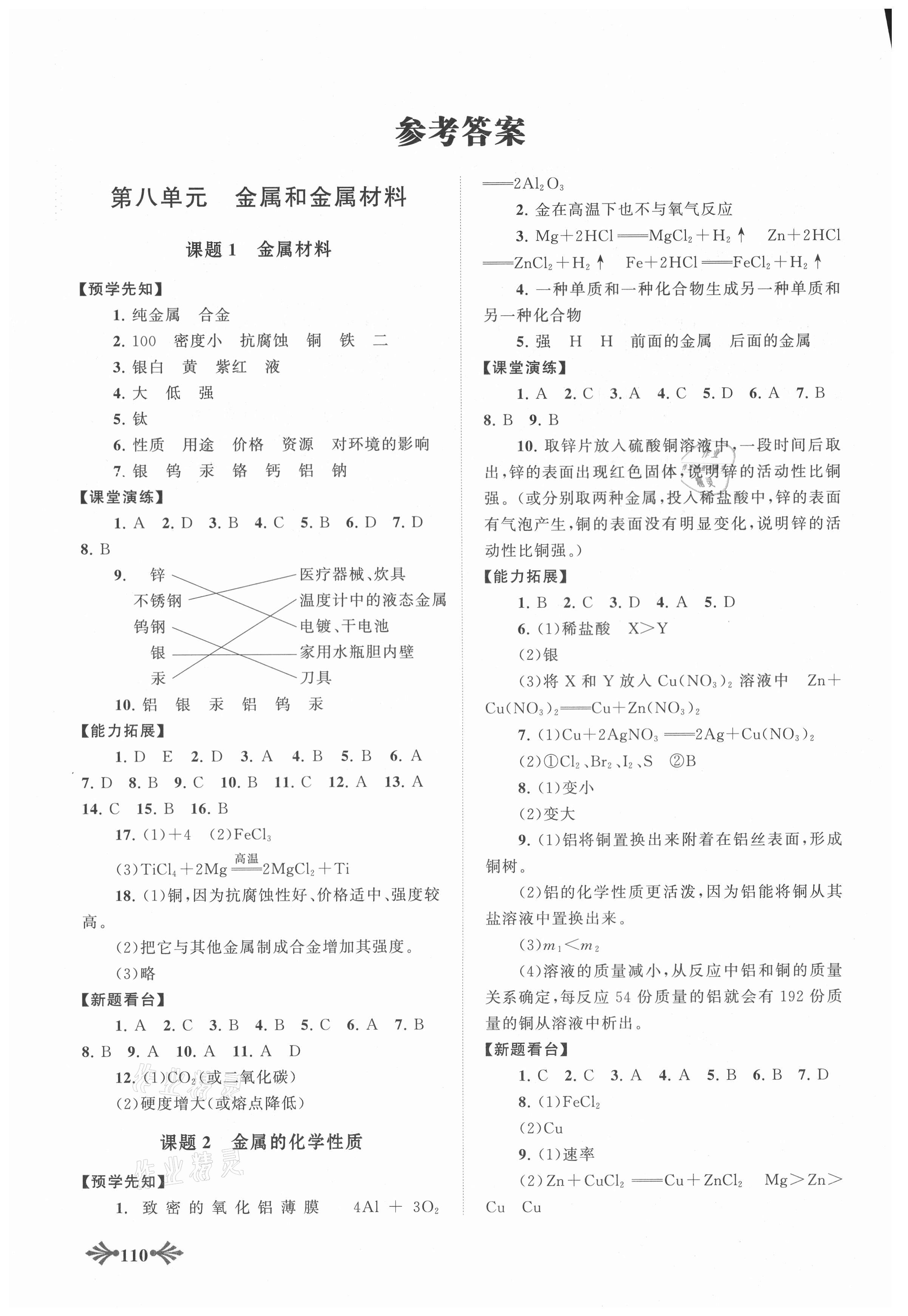 2021年自主學(xué)習(xí)當(dāng)堂反饋九年級(jí)化學(xué)下冊(cè)人教版 參考答案第1頁(yè)