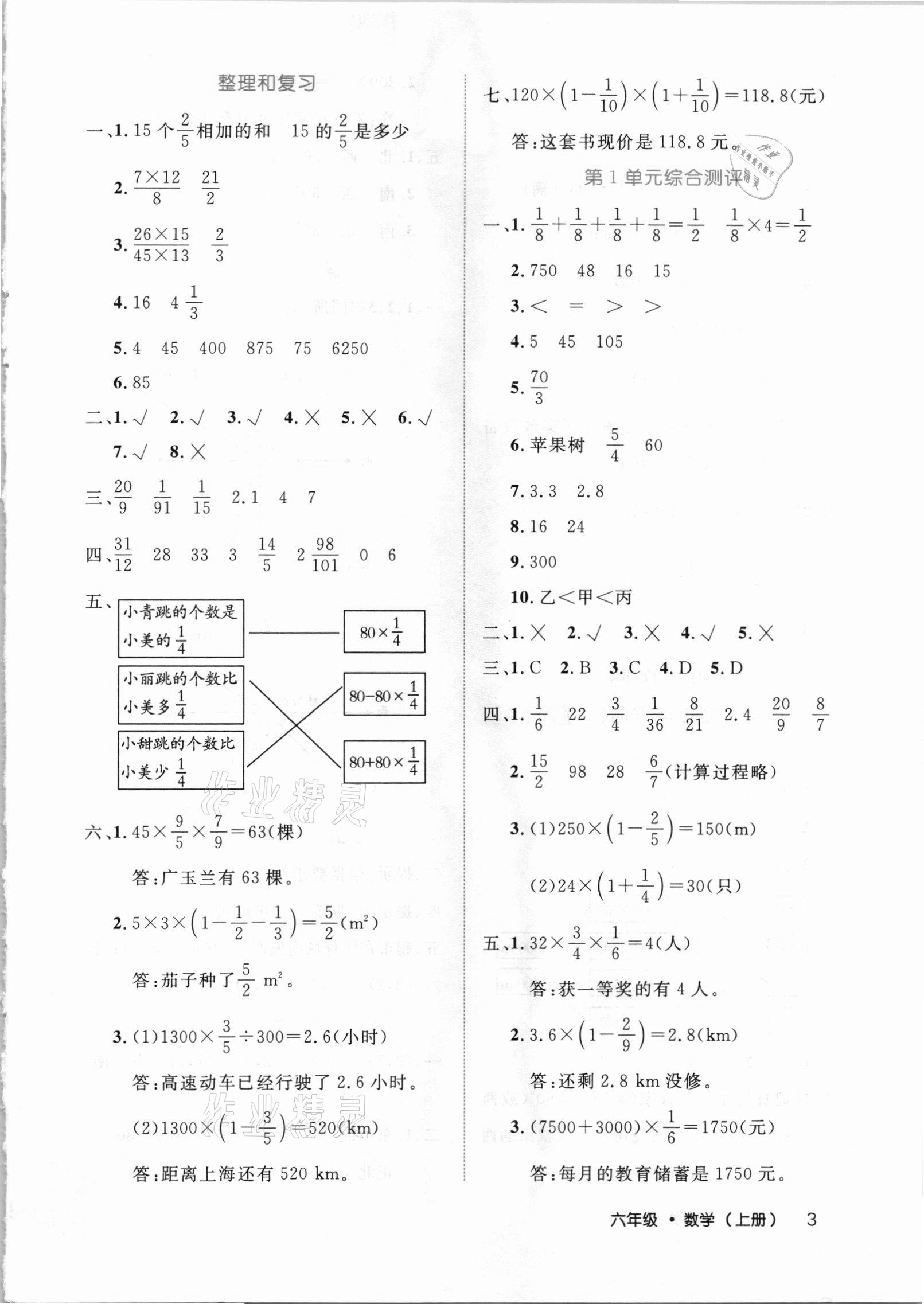 2020年細(xì)解巧練六年級(jí)數(shù)學(xué)上冊(cè)人教版 參考答案第3頁