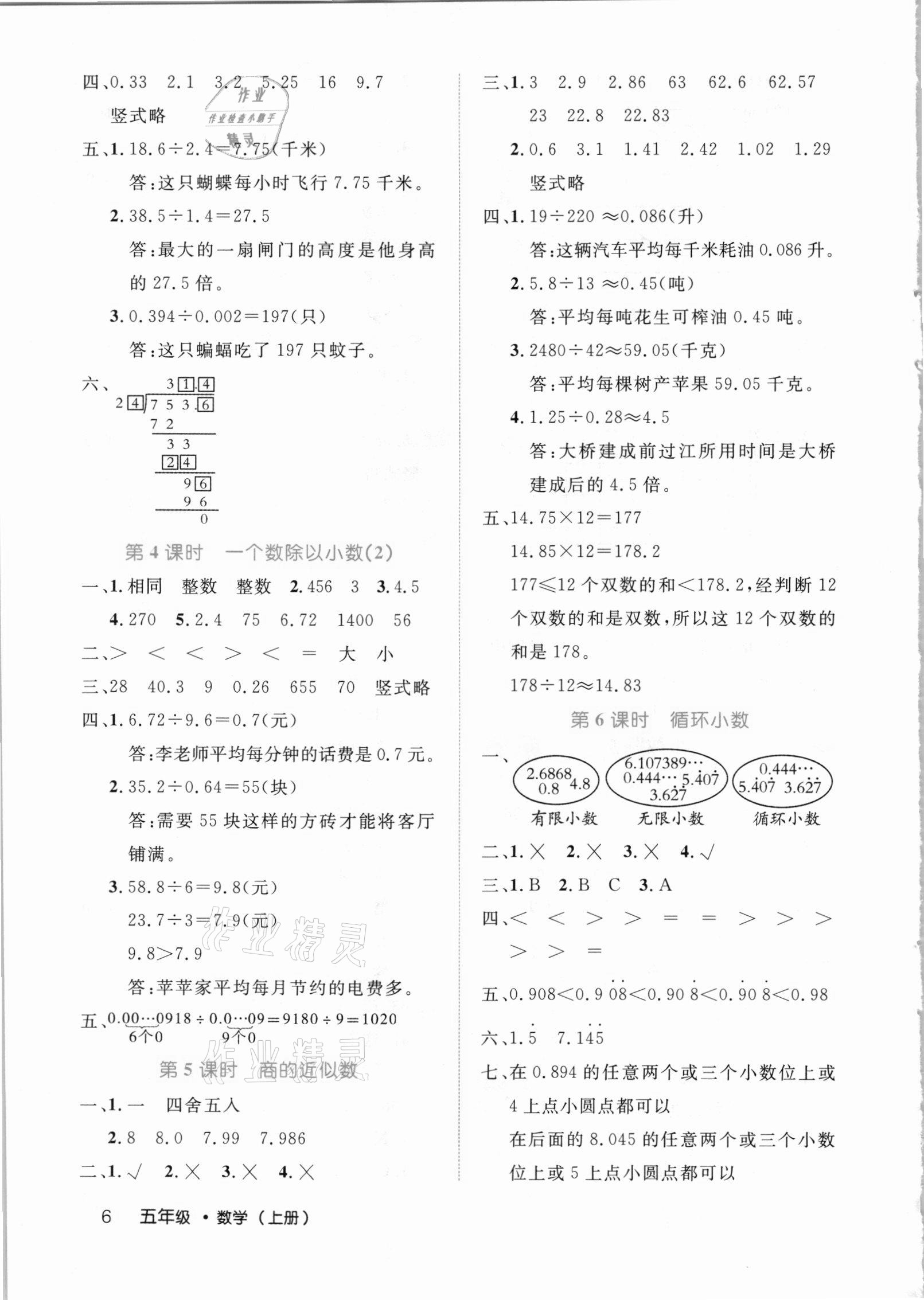 2020年细解巧练五年级数学上册人教版 参考答案第6页