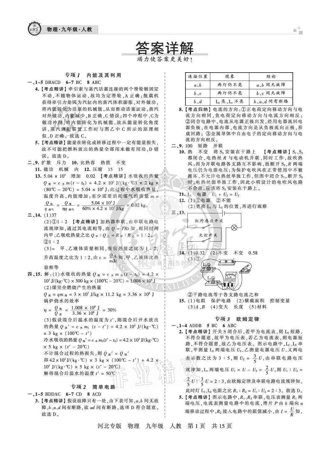 2020年王朝霞各地期末试卷精选九年级物理上册人教版河北专版 参考答案第1页