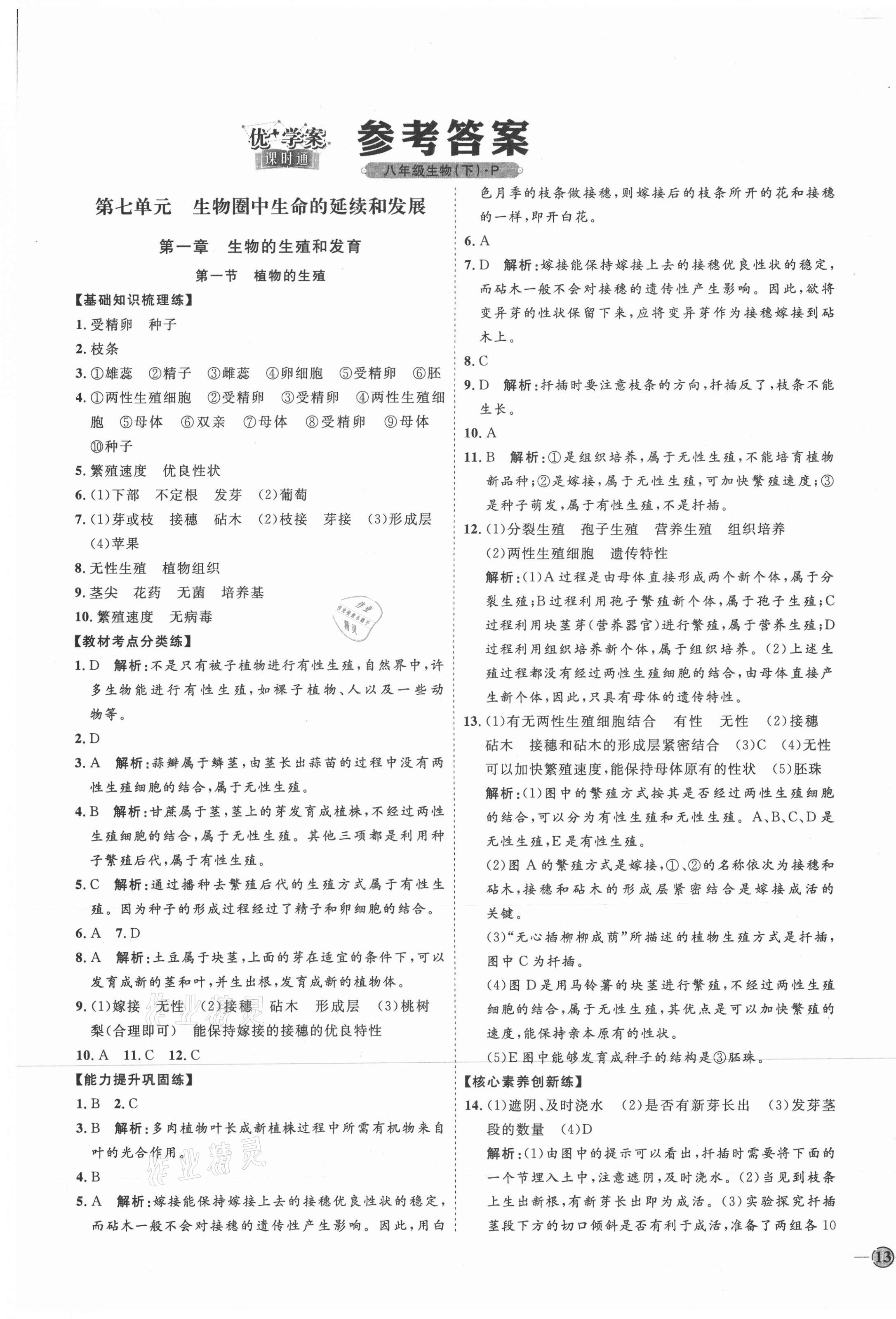 2021年優(yōu)加學(xué)案課時(shí)通八年級(jí)生物下冊(cè)人教版P版 參考答案第1頁(yè)