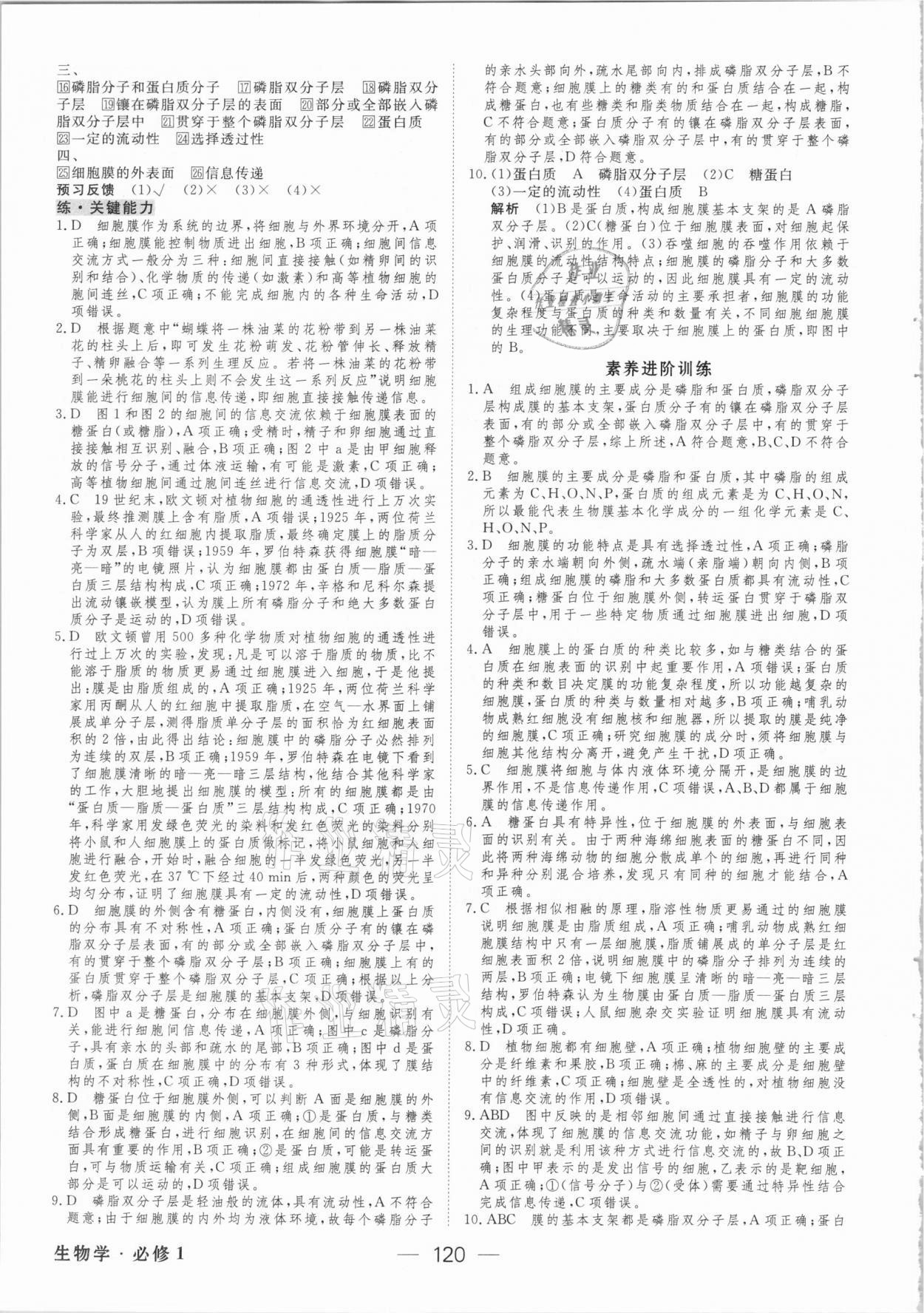 2020年绿色通道45分钟课时作业与单元测评高中生物学必修第一册人教版 参考答案第11页