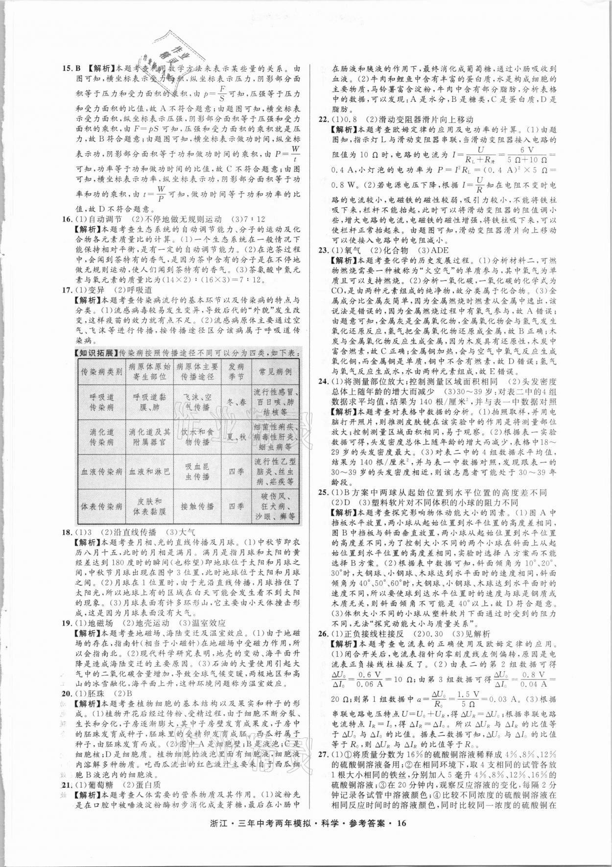 2021年3年中考2年模擬科學浙江專版 參考答案第16頁