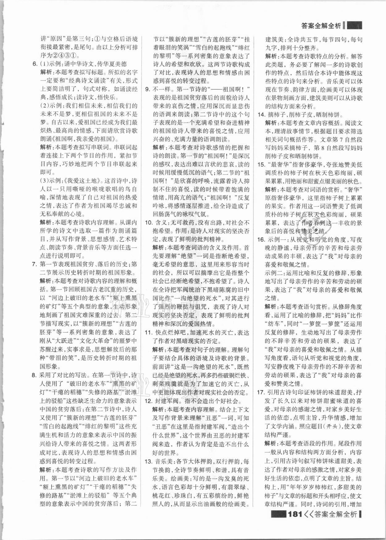 2021年考点集训与满分备考九年级语文全一册下人教版 参考答案第5页