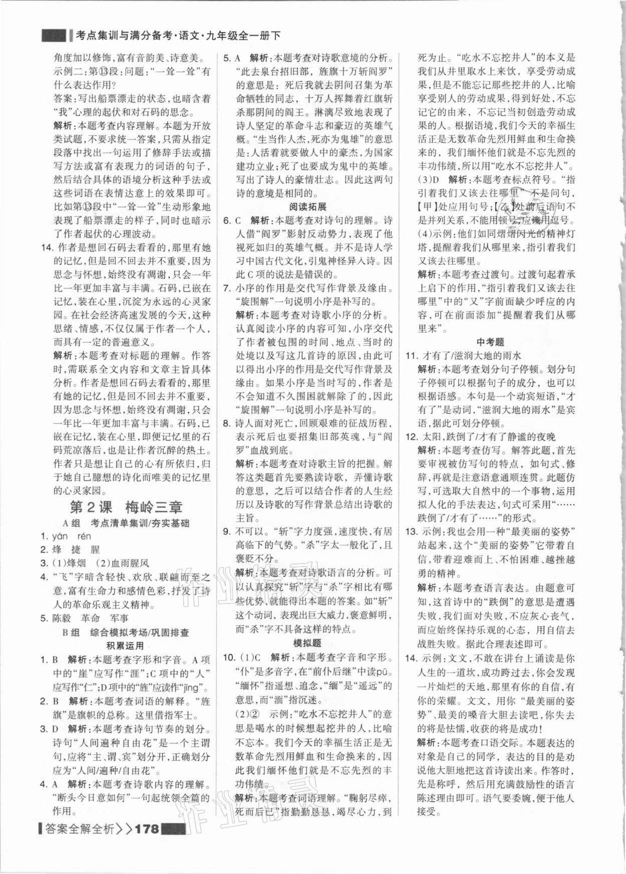 2021年考点集训与满分备考九年级语文全一册下人教版 参考答案第2页