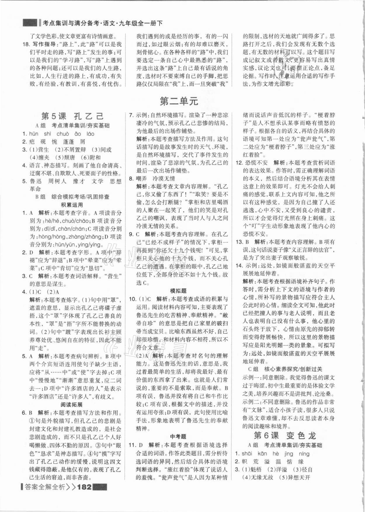 2021年考點(diǎn)集訓(xùn)與滿分備考九年級(jí)語文全一冊(cè)下人教版 參考答案第6頁