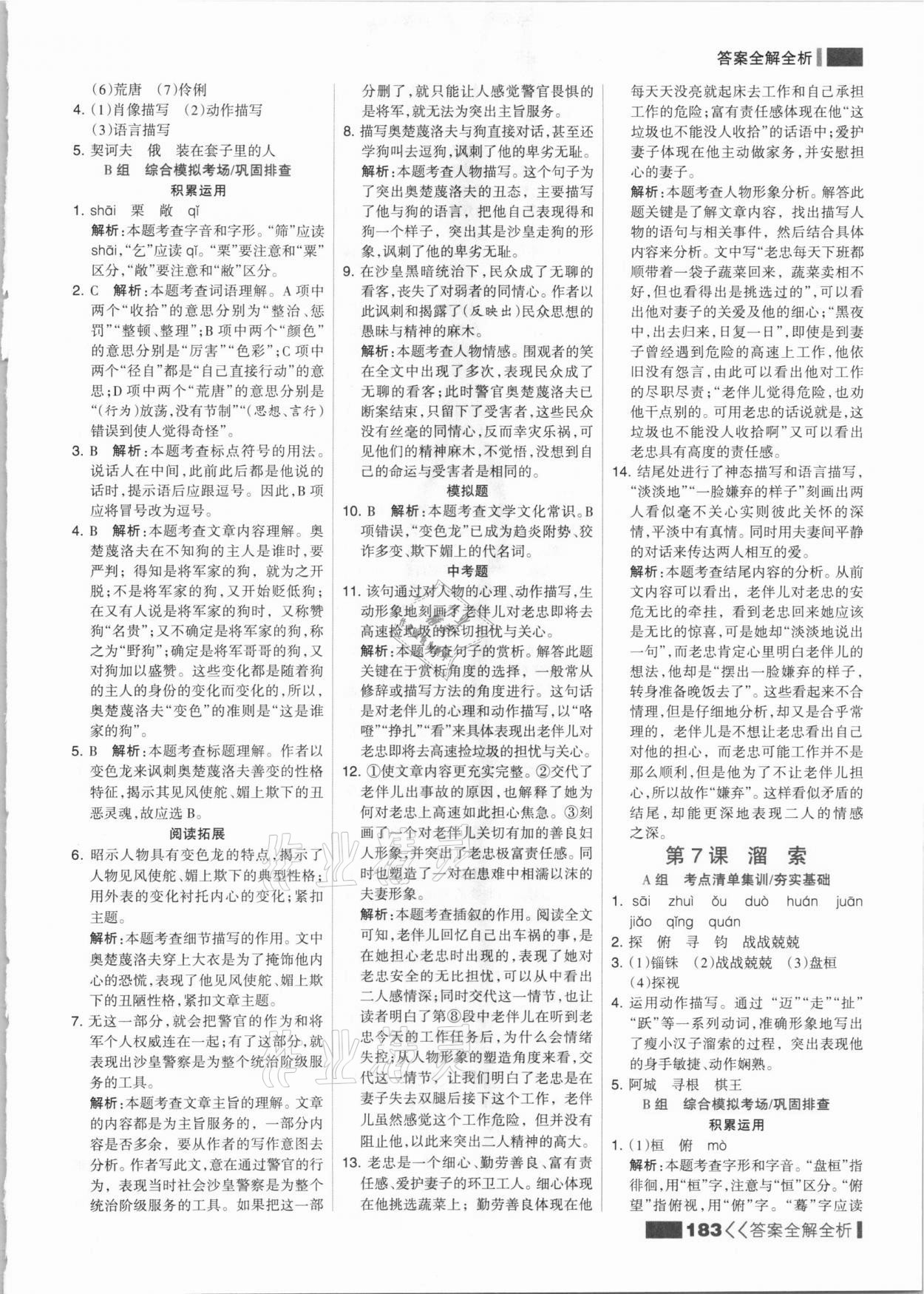 2021年考點集訓(xùn)與滿分備考九年級語文全一冊下人教版 參考答案第7頁