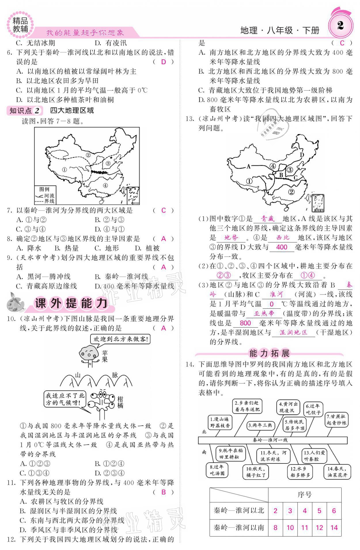 2021年名校课堂内外八年级地理下册湘教版 参考答案第2页