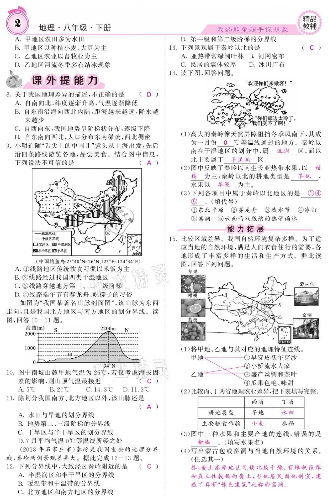 2021年名校課堂內(nèi)外八年級地理下冊人教版 參考答案第2頁