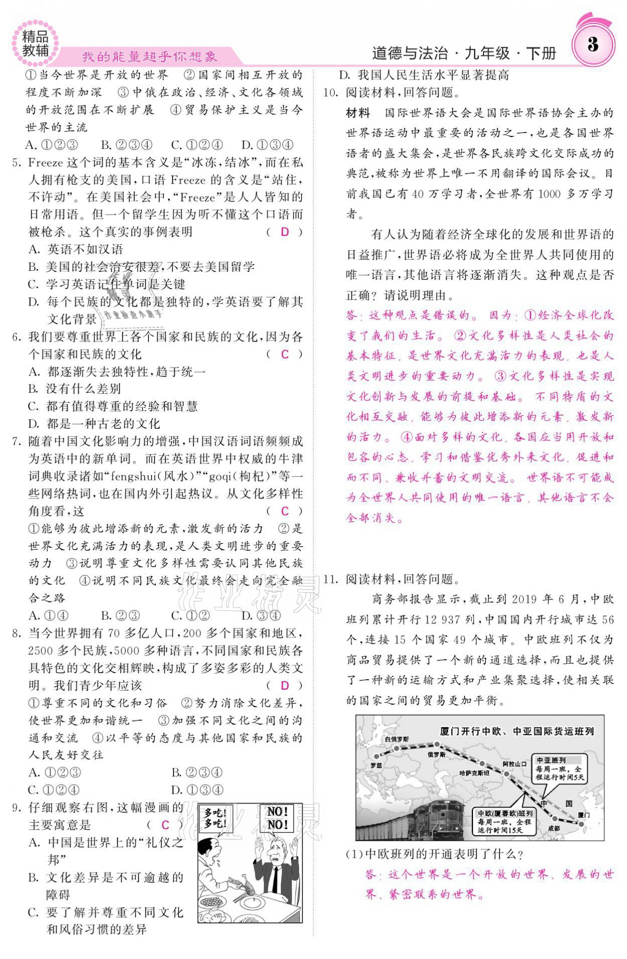 2021年名校課堂內外九年級道德與法治下冊人教版 參考答案第3頁