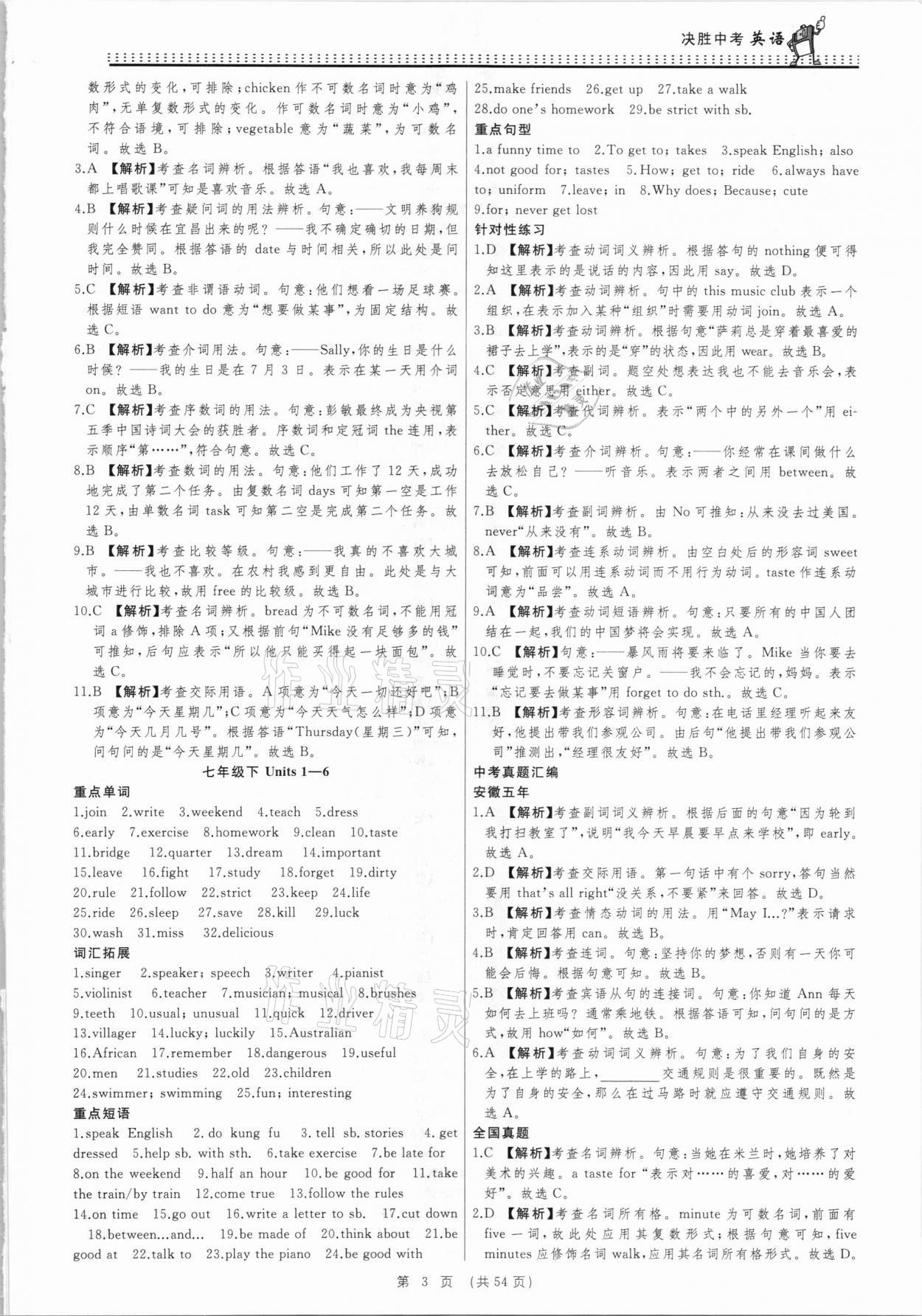 2021年決勝中考初中全程復(fù)習(xí)英語安徽專版 參考答案第3頁