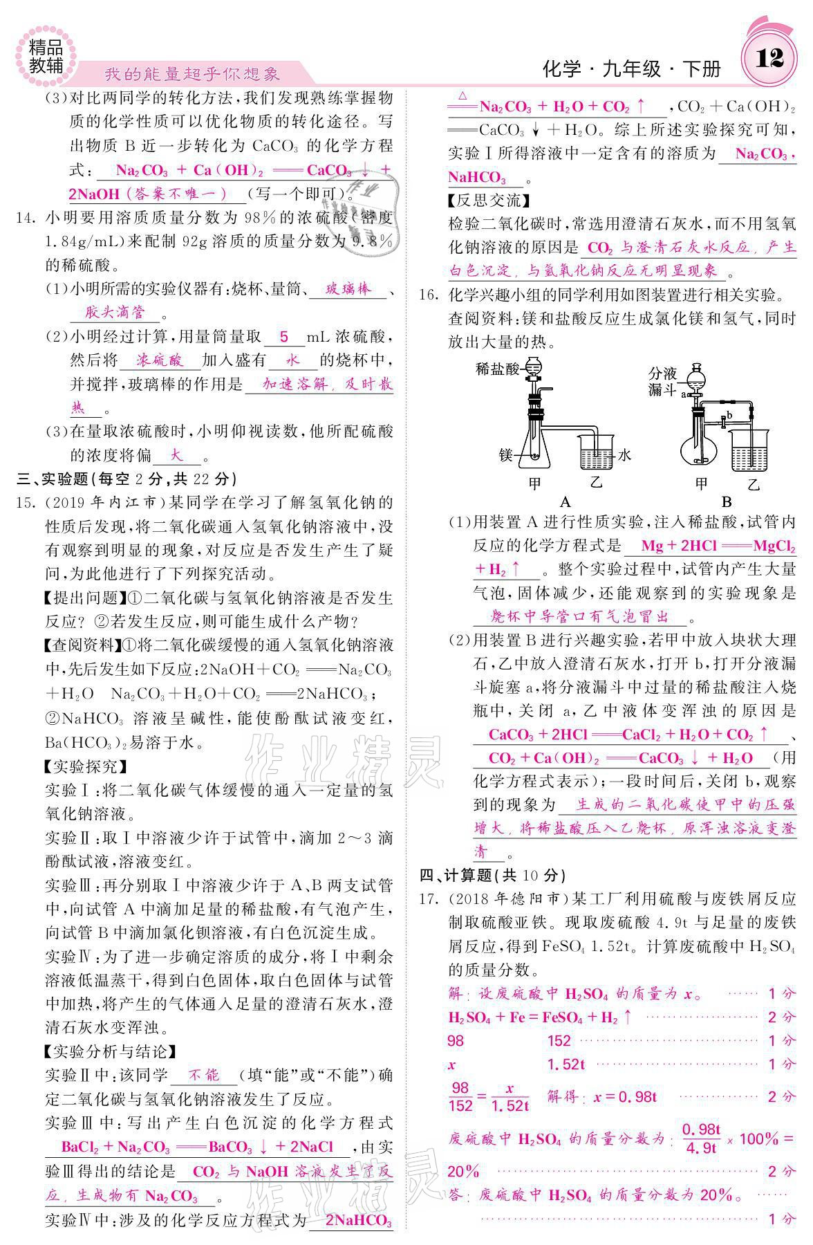 2021年名校课堂内外九年级化学下册鲁教版 参考答案第10页