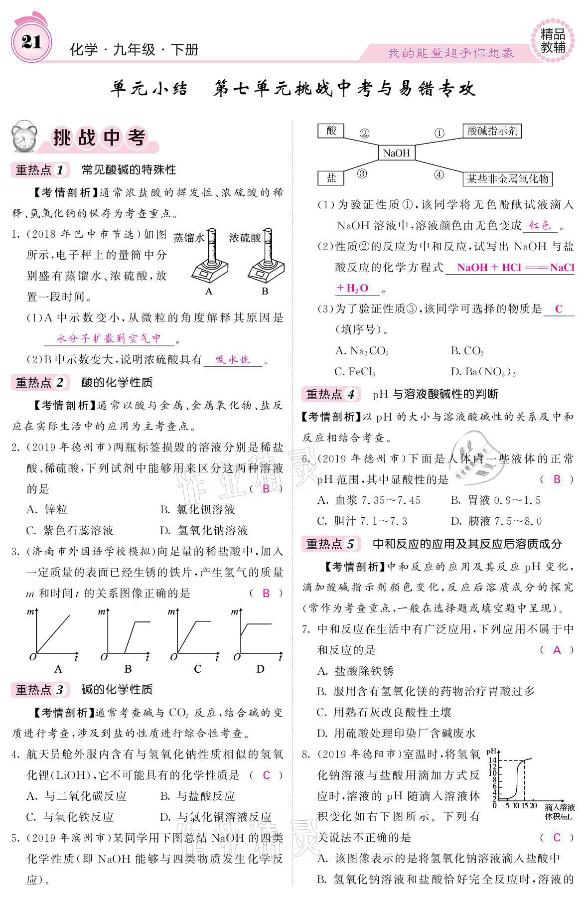 2021年名校課堂內(nèi)外九年級化學(xué)下冊魯教版 參考答案第19頁