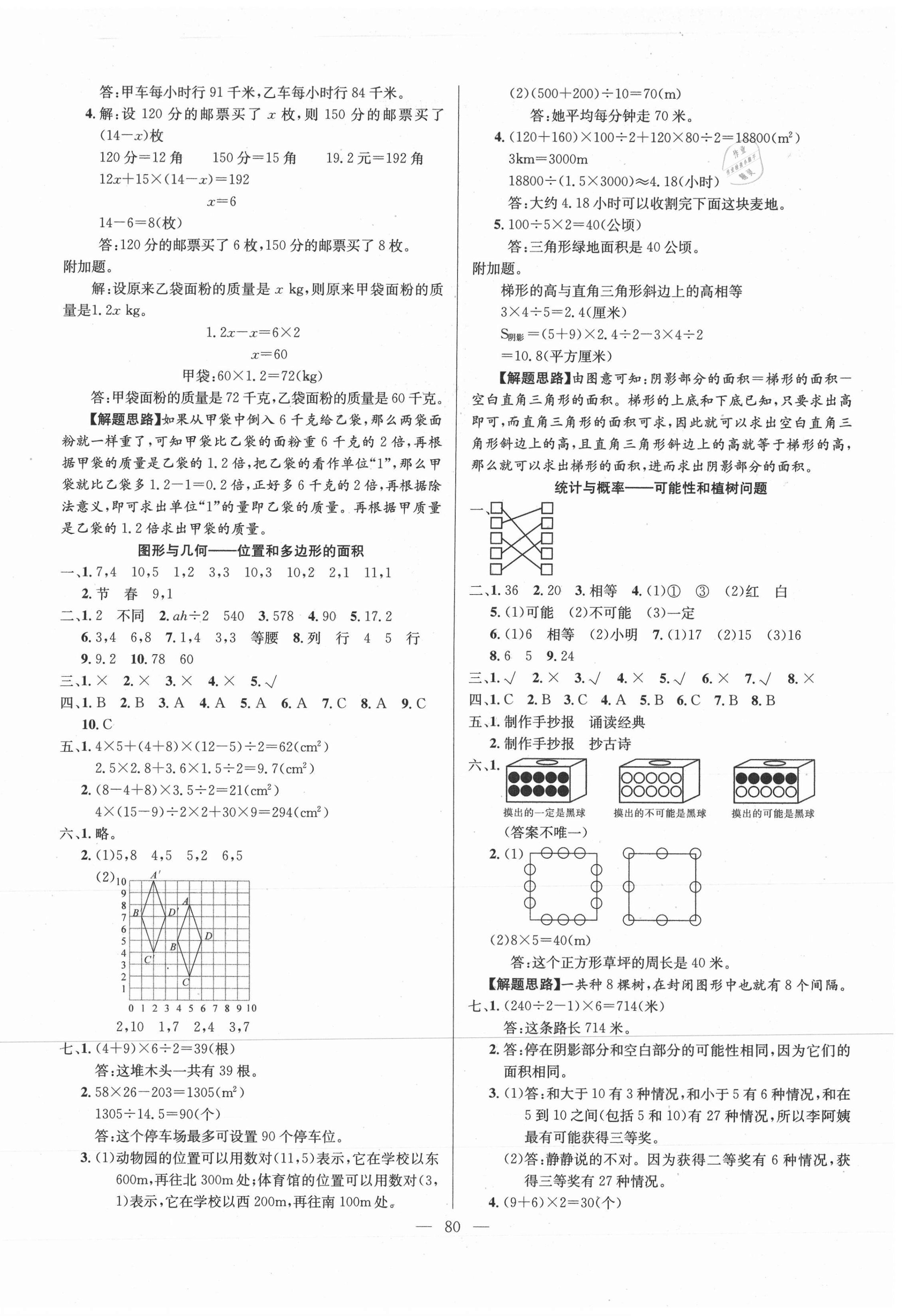 2020年期末沖刺大通關決勝期末100分五年級數學上冊人教版 參考答案第2頁