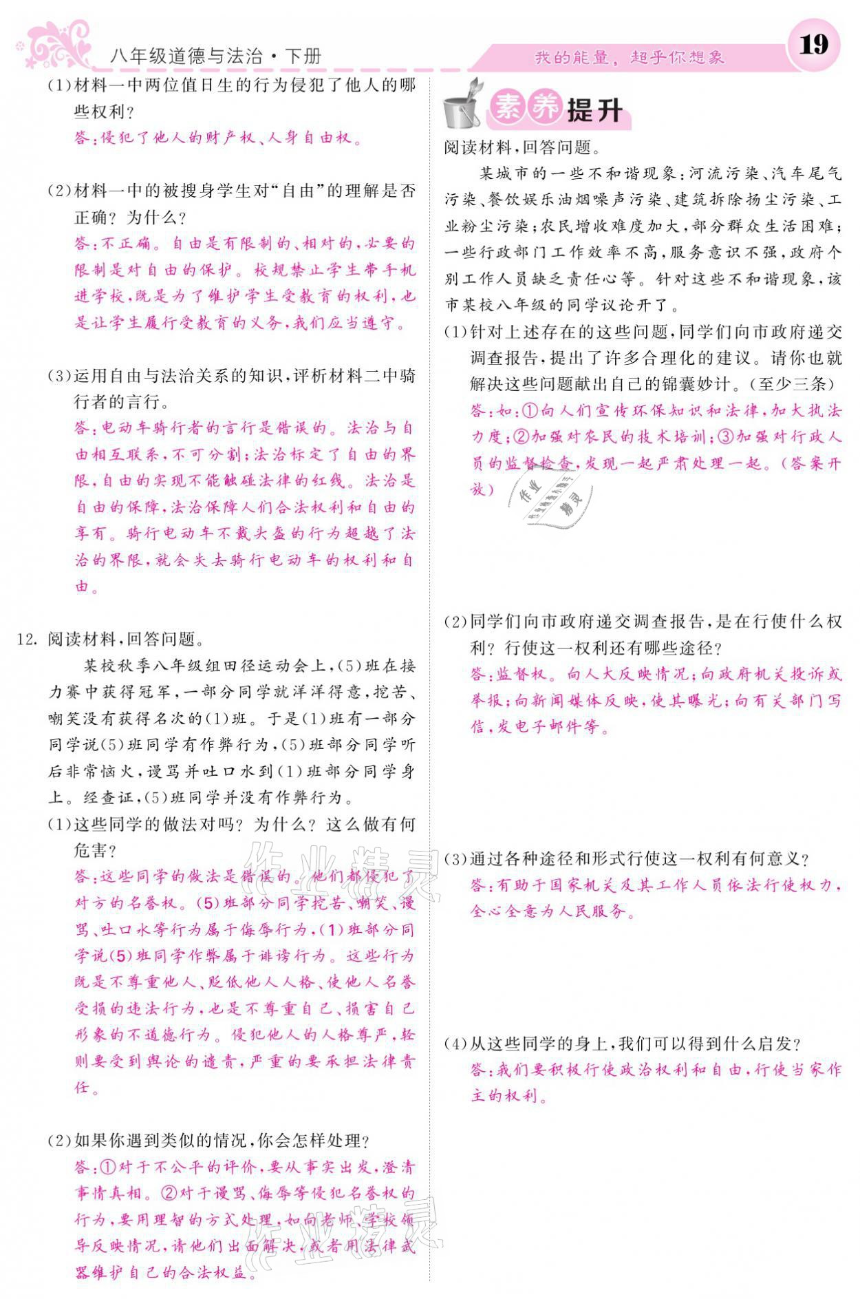 2021年課堂點(diǎn)睛八年級道德與法治下冊人教版 參考答案第19頁