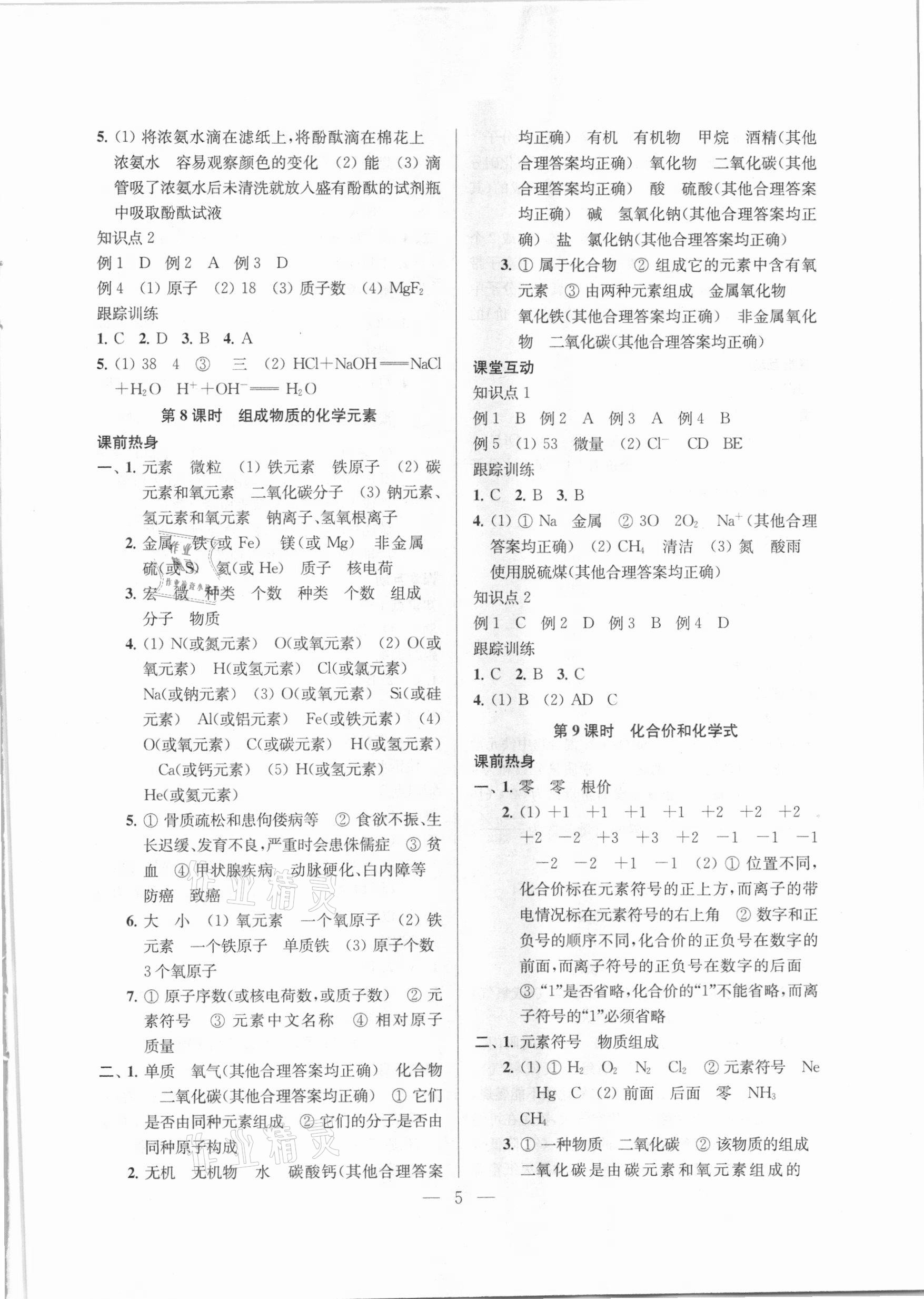 2021年金钥匙1加1中考总复习化学国标上海版 参考答案第5页