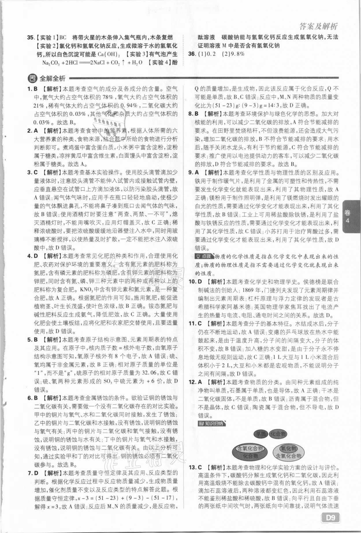 2021年中考必刷卷化學河北專版開明出版社&nbsp;參考答案第9頁