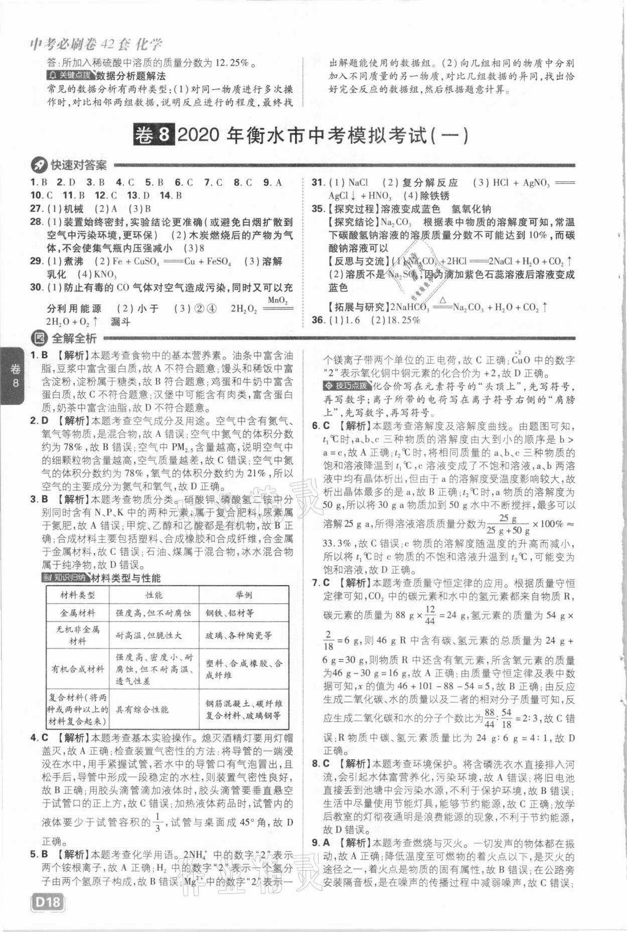 2021年中考必刷卷化學(xué)河北專版開明出版社&nbsp;參考答案第18頁