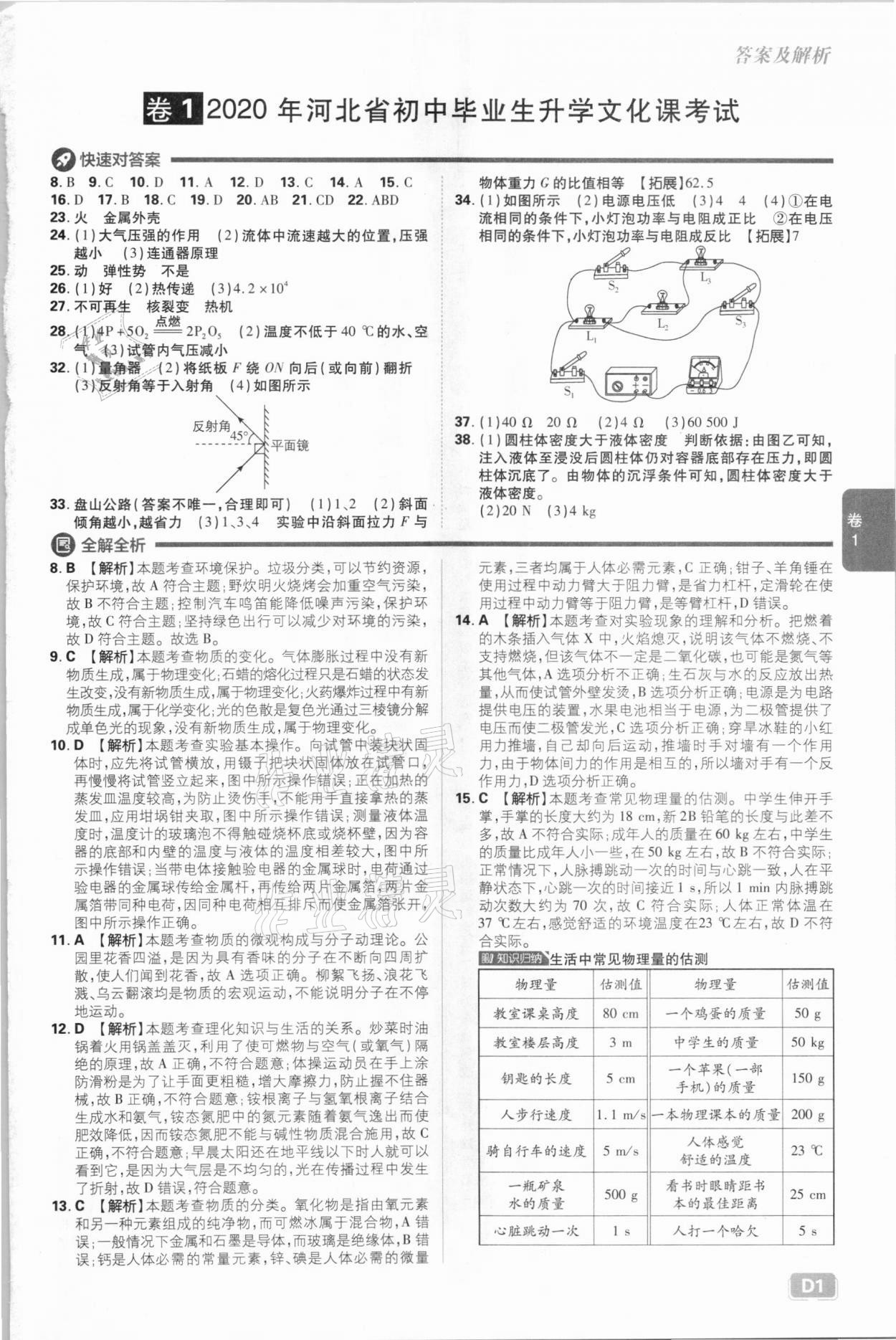 2021年中考必刷卷物理河北專版開明出版社 參考答案第1頁